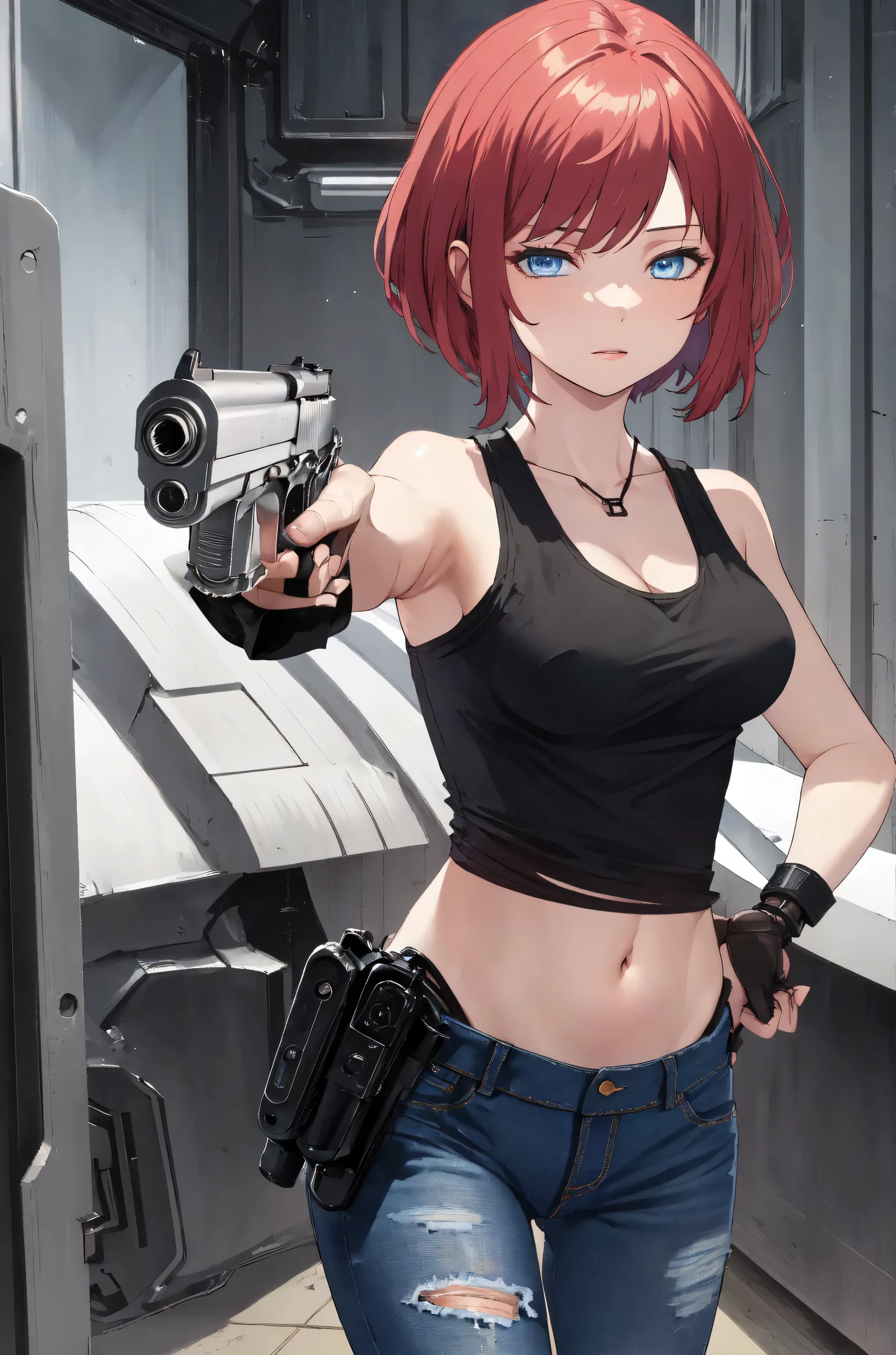 masterpiece, best quality, ultra detailed,   elster, cyborg, 1girl, solo, blue eyes, short hair, blue layered tank tops, jeans, and combat boots, covered navel, holster aiming at viewer, handgun, holding pistol, upper body,