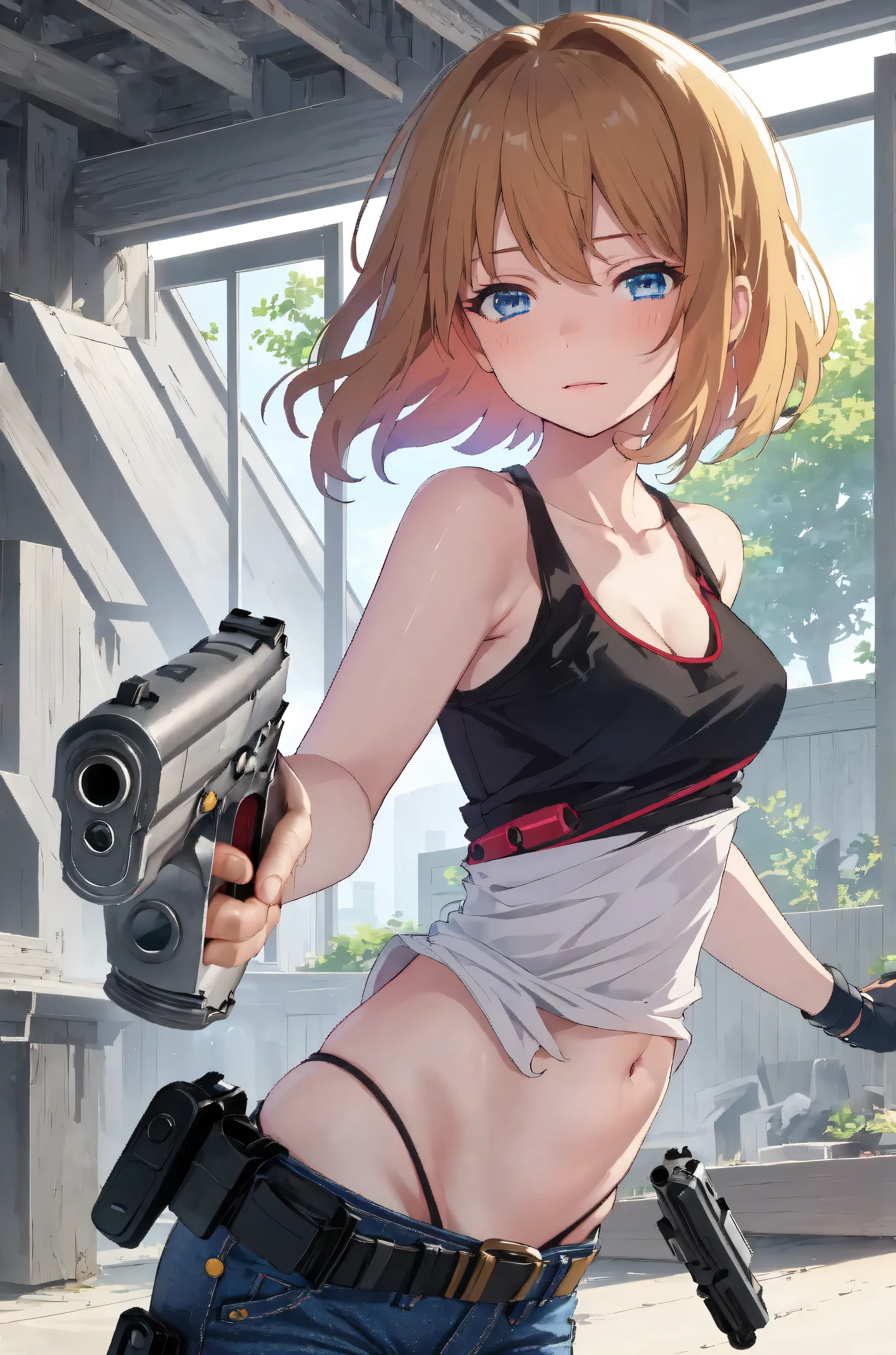 masterpiece, best quality, ultra detailed,   elster, cyborg, 1girl, solo, blue eyes, short hair, blue layered tank tops, jeans, and combat boots, covered navel, holster aiming at viewer, handgun, holding pistol, upper body,