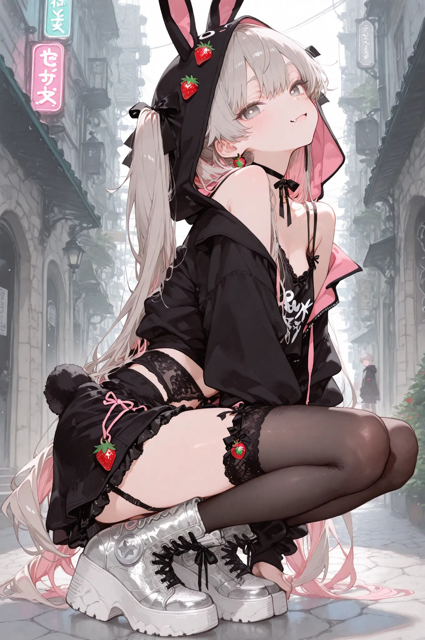 1girl、girls、fang、gray hair pink inner color、Droopy bunny ears、Super Long Hair、gray eyes、gray eyes、Lick your round and round pupils、Black Ribbon Choker、Mines-based、Thick Soled Sneakers、full body is shown、front face、garter belt、Strawberry Ornament 、black min...