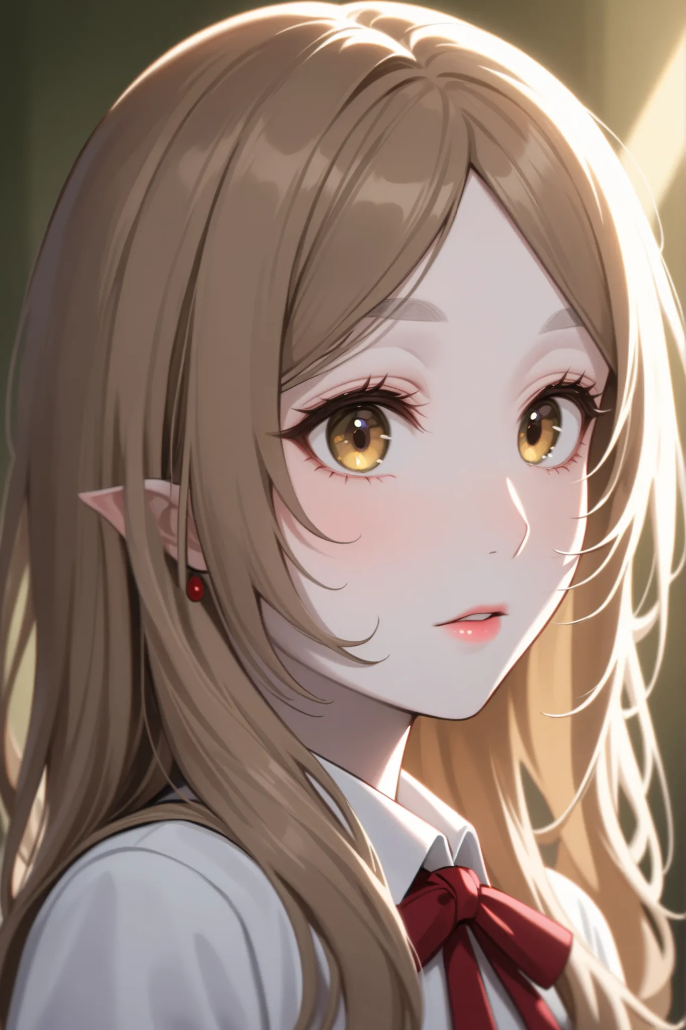 Girl, long wavy and straight light brown hair, olive brown eyes, sharp features, white skin, a glimpse of light cherry lip gloss, beautiful, perfect, wearing a formal school uniform, elegant looking, bright colors, high quality resolution .