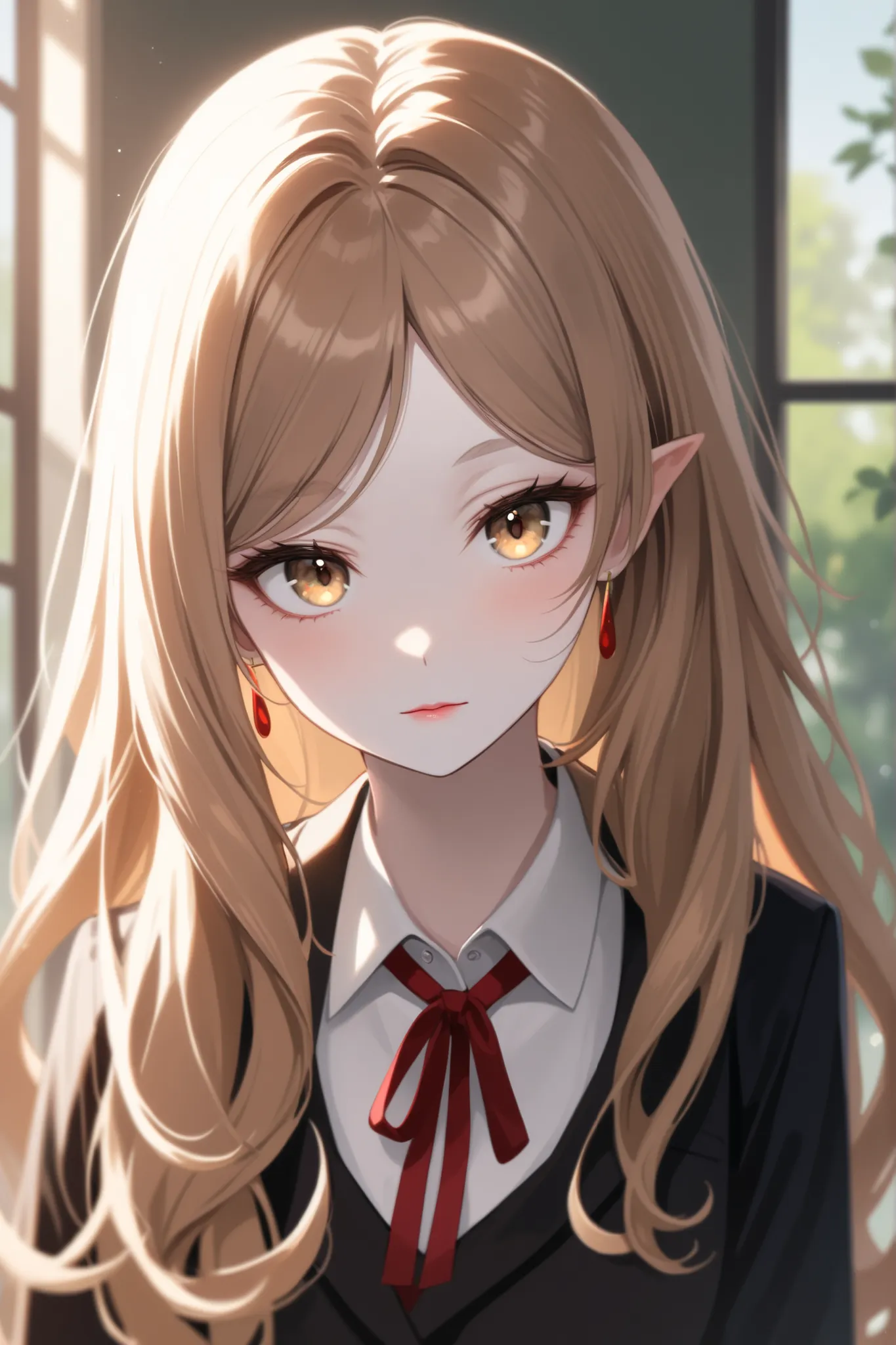 Girl, long wavy and straight light brown hair, olive brown eyes, sharp features, white skin, a glimpse of light cherry lip gloss, beautiful, perfect, wearing a formal school uniform, elegant looking, bright colors, high quality resolution .