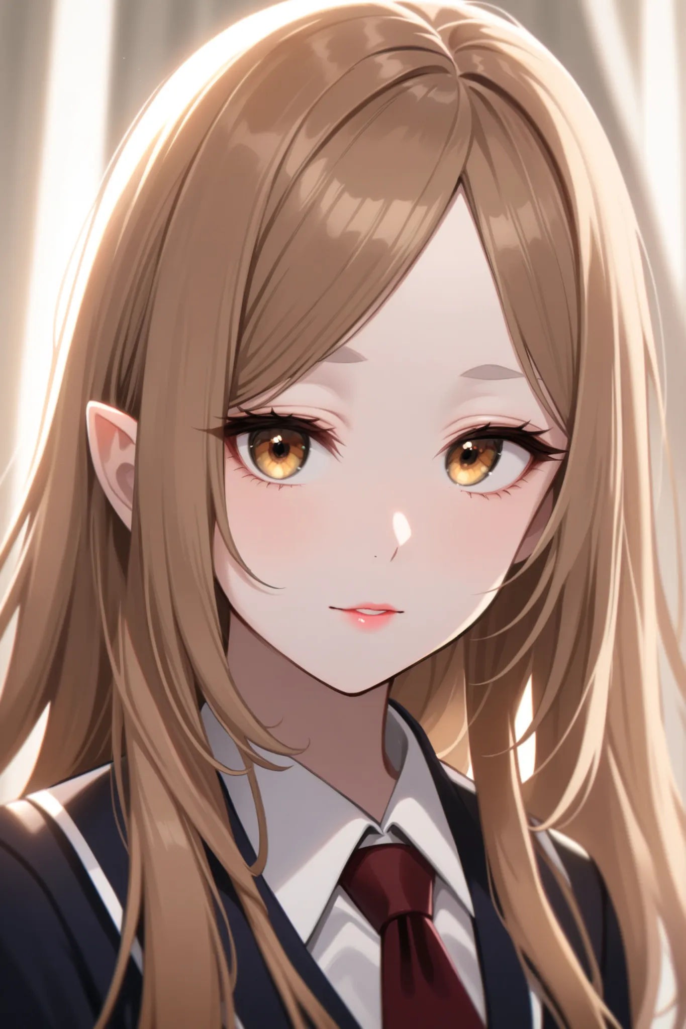 Girl, long wavy and straight light brown hair, olive brown eyes, sharp features, white skin, a glimpse of light cherry lip gloss, beautiful, perfect, wearing a formal school uniform, elegant looking, bright colors, high quality resolution .