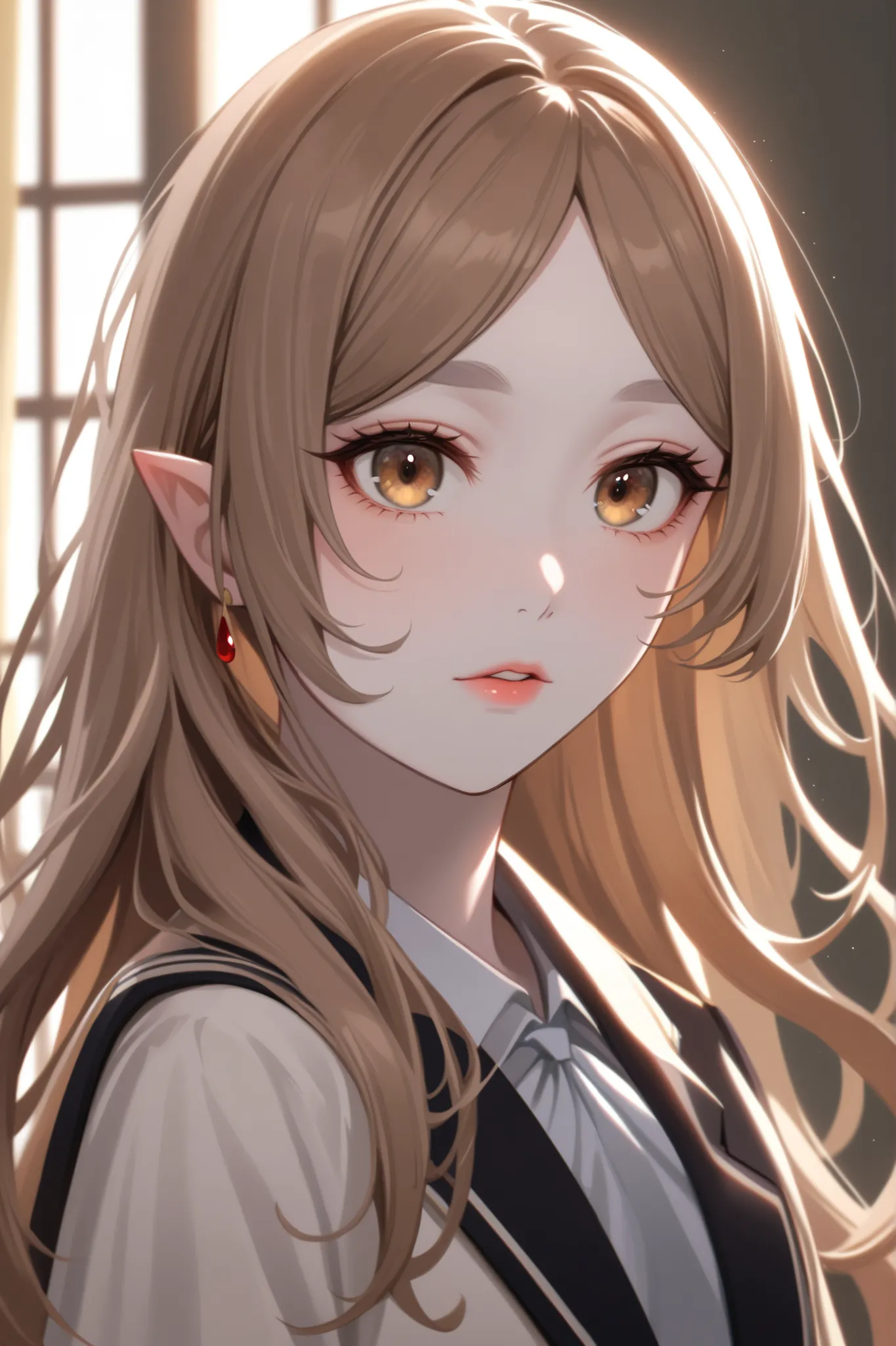 Girl, long wavy and straight light brown hair, olive brown eyes, sharp features, white skin, a glimpse of light cherry lip gloss, beautiful, perfect, wearing a formal school uniform, elegant looking, bright colors, high quality resolution .