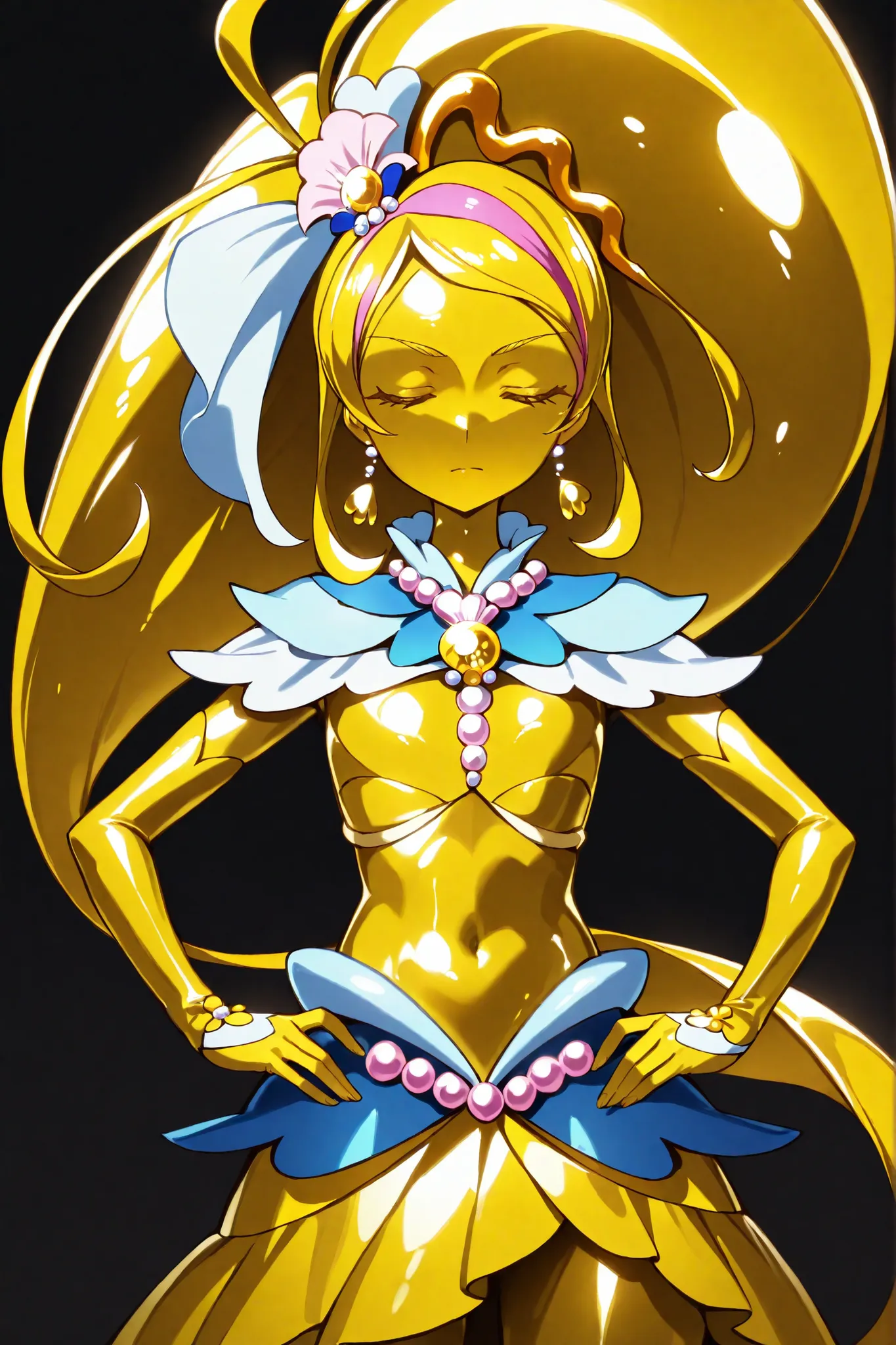 Cure Mermaid,  masterpiece, best quality, Newest, very high resolution, closed eyes, yellow hair,  yellow sclera, closed mouth, No students, Yellow skin, shiny skin,  metal skin, Black eyebrows, Slanted eyebrows, 1girl, solo, cowboy suffering from hiccups ...
