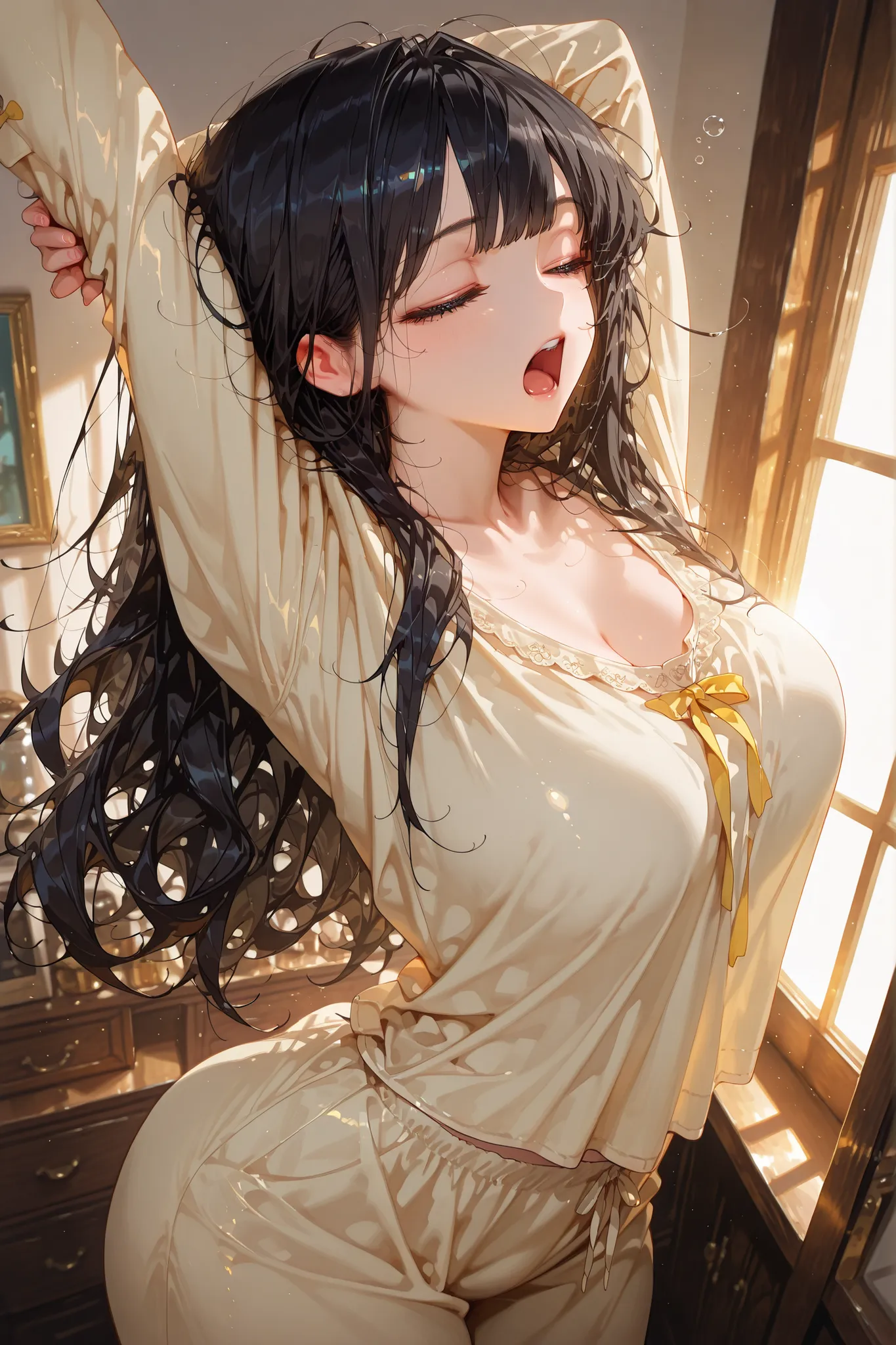 masterpiece, best quality, bright, very aesthetically pleasing, high contrast, newest , 1 divinely beautiful woman, mature woman, black hair, waking up, morning, stretching, yawning, sleepy expression, half-closed eyes, slightly messy hair, loose strands o...