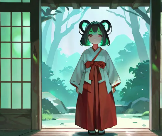 1 woman with glowing green hair,masterpiece,Newest,very high resolution,incredibly,top quality,great quality ,very aesthetic,Watching Viewers,dark haired,lips,Drooping,Lashes,Makeup,Shrine maiden,Full Body,Shrine maiden服