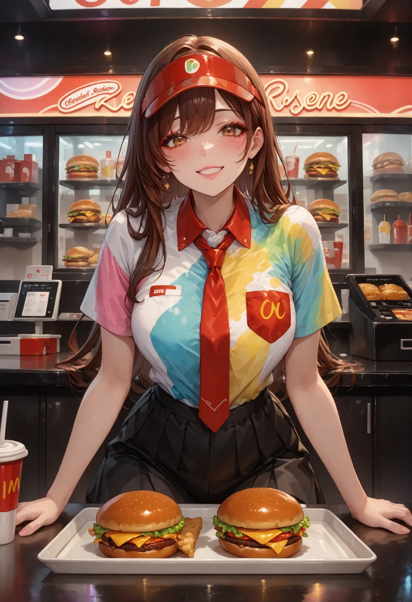br_art, masterpiece, top quality, great quality, very aesthetic, Newest, very detailed, sharp focus from a distance, bright colors, Soft Writing, cinematic composition, Female fast food restaurant clerk, Beautiful, brown hair, straight long hair, long thic...