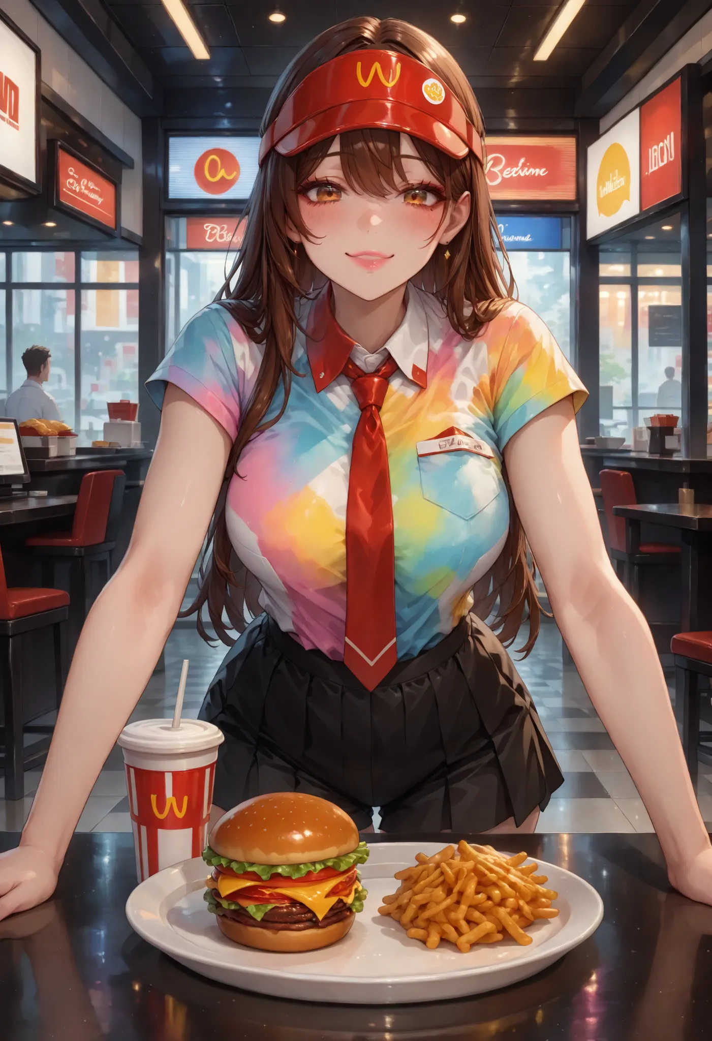 br_art, masterpiece, top quality, great quality, very aesthetic, Newest, very detailed, sharp focus from a distance, bright colors, Soft Writing, cinematic composition, Female fast food restaurant clerk, Beautiful, brown hair, straight long hair, long thic...