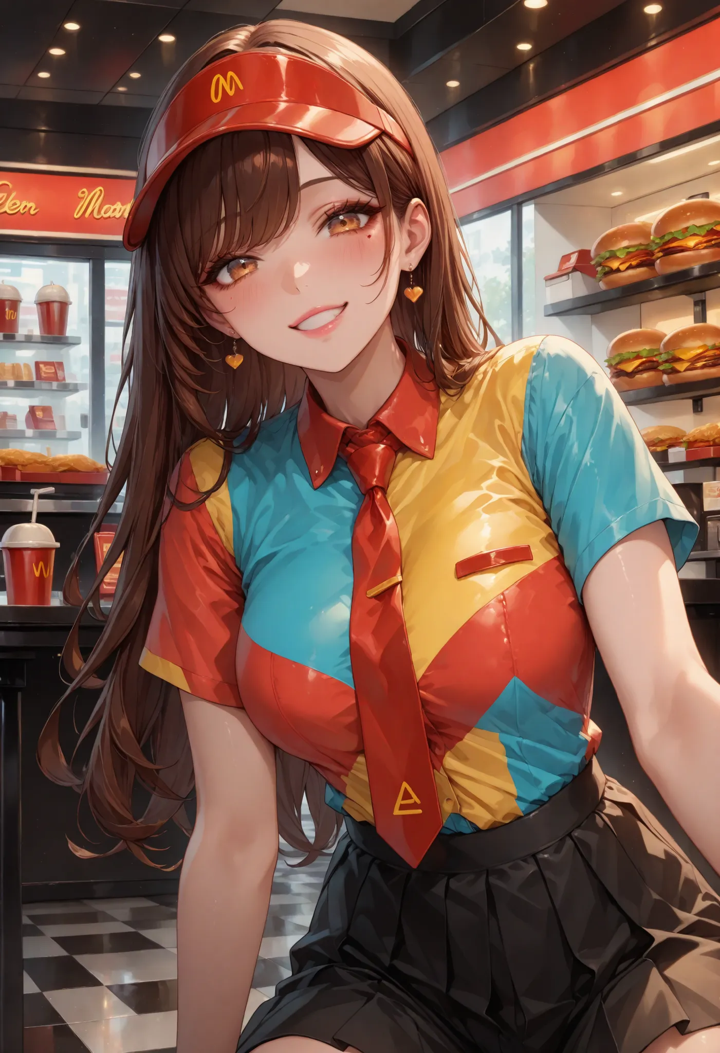 br_art, masterpiece, top quality, great quality, very aesthetic, Newest, very detailed, sharp focus from a distance, bright colors, Soft Writing, cinematic composition, Female fast food restaurant clerk, Beautiful, brown hair, straight long hair, long thic...