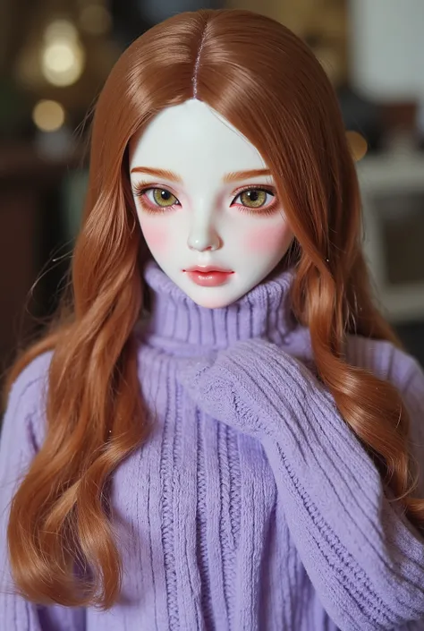 A girl, a doll, long wavy and falling brown hair, olive eyes, sharp, calm features, white skin, a glimpse of cherry lip gloss, beautiful, perfect, elegant looking, wearing a light purple sweater, bright and clear colors, high quality resolution,