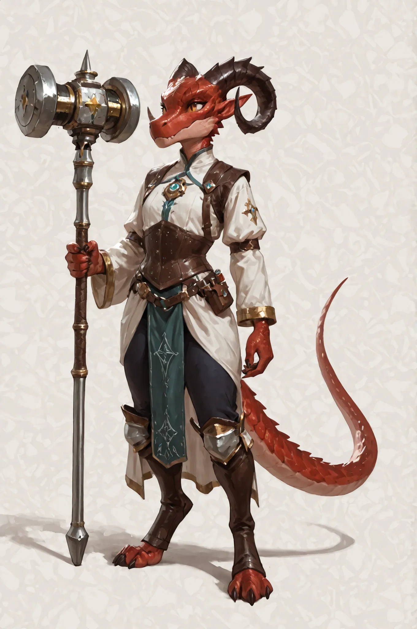 pointed ears, long draconic snout, lean physique, kobold, red scales, great horns, artificer class, artificer's clothes highly detailed, best quality, holding great iron hammer