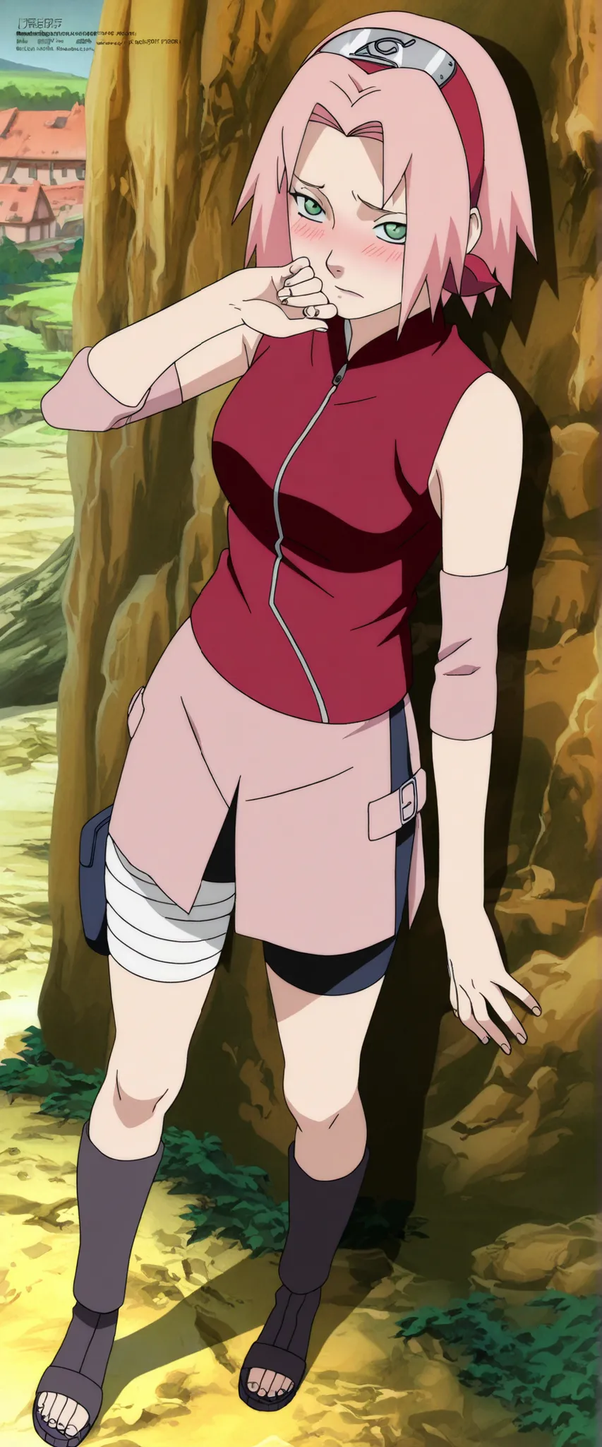 1girl,haruno sakura  Seductive pose,anime,anime coloring,intricate details,masterpiece,best quality,  BREAK pink hair, short hair, red hairband, green eyes, parted bangs, BREAK red sleeveless minidress, zipper, pink miniskirt, bandaged thigh, BREAK medium ...