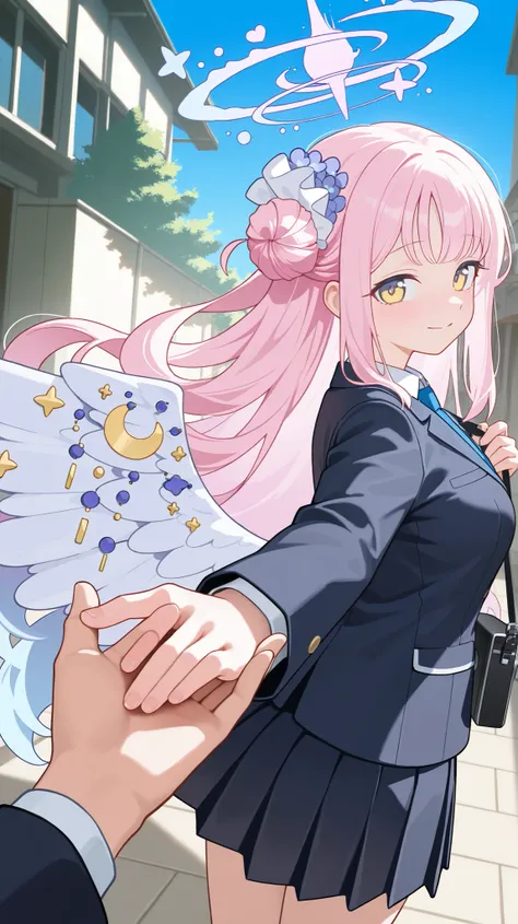 mika (blue archive), yellow eyes, pink hair, long hair, single hair bun, halo, school uniform, pleated skirt, blazer, necktie, wings,  
knee-up shot, standing pose, looking back over shoulder, bright smile, slightly blushing, gently extending one hand back...