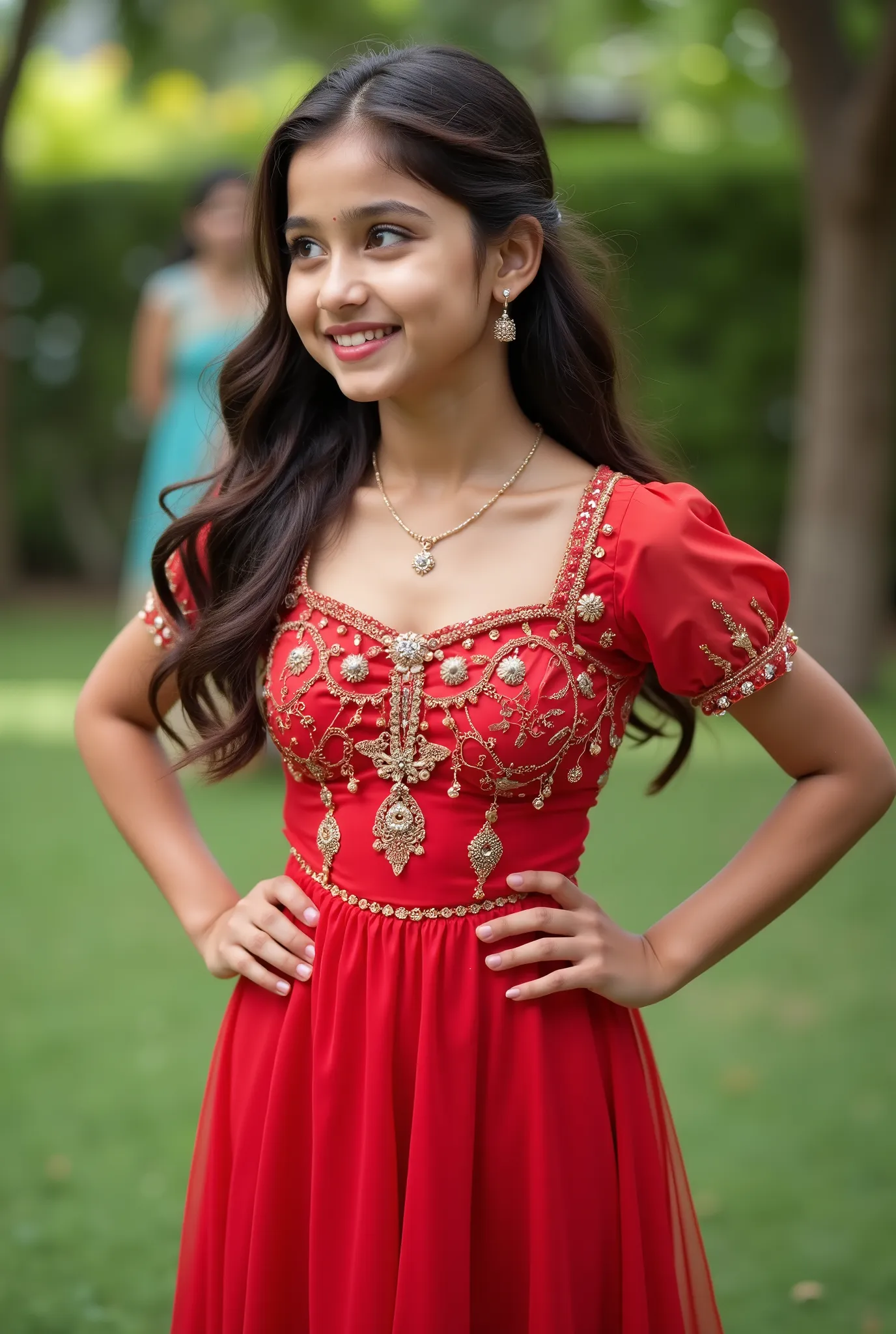 anaswarasdxl, cuteloli, Full image of a young girl looking aside, standing in backyards, in a hands on hips pose. She has smiling look, makeup, Indian skin tone, hazel eyes, fox-eyelashes, silver color eyeshadow, matte red lips. Her hairs are long, brown, ...