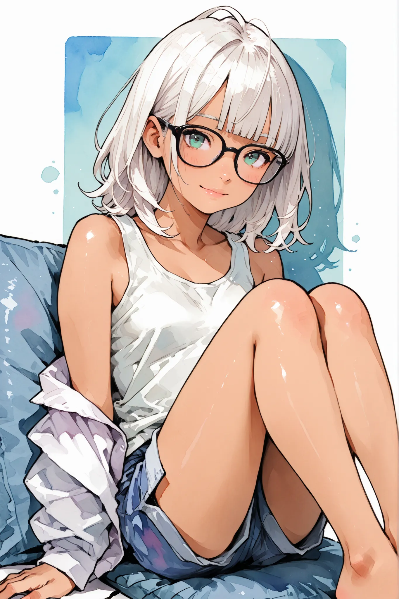 1 girl,Super Detailed,absolute resolution,(tanned skin:0.5),(dynamic angles),portrait,(pinup),looking at viewer,sitting,Leaning on Large cushion,knees up,black-framed eyewear,((white loose tank top)),((untucked shirt)),blue board shorts,Bare Foot,detailed ...
