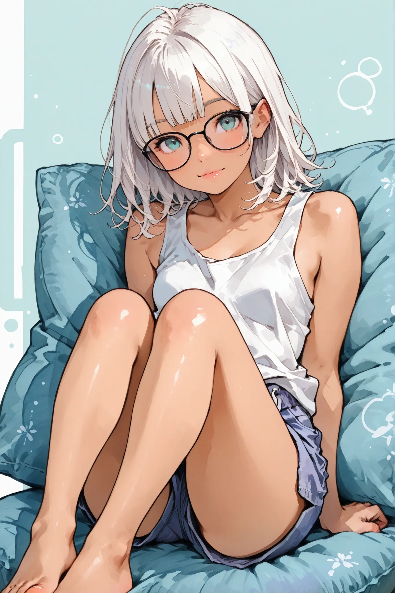 1 girl,Super Detailed,absolute resolution,(tanned skin:0.5),(dynamic angles),portrait,(pinup),looking at viewer,sitting,Leaning on Large cushion,knees up,eyewear,((white loose tank top)),((untucked shirt)),blue board shorts,Bare Foot,detailed and beautiful...