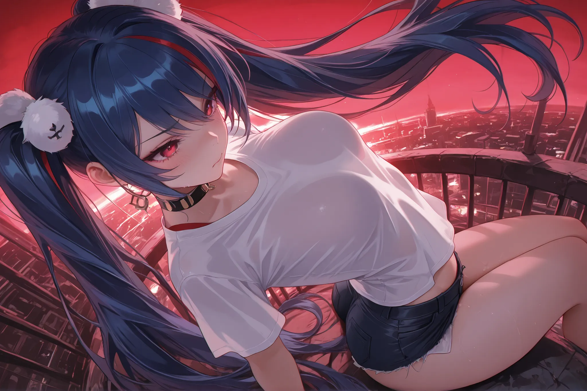 Dratena Belbury , masterpiece , best quality , amazing quality , 1girl , NSFW , chromatic aberration , very long hair, Red eyes,  twintails , breasts, Looking around, a red sky,Megapolis,  Side view, View from above, white T-shirt, Short shorts, red streak...