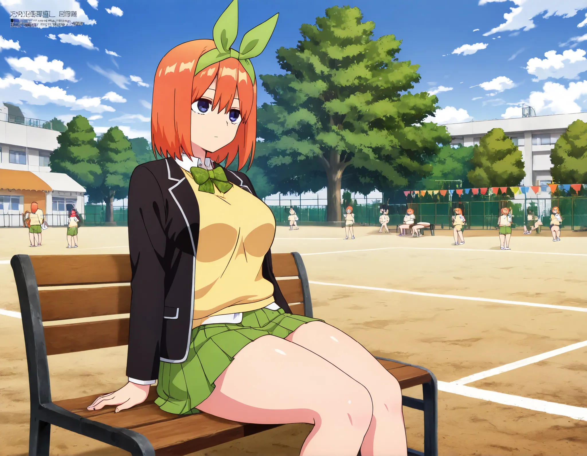 expressionless y0tsuba, large breasts, orange hair, blue eyes, short hair, hair between eyes, green bow hairband, black blazer, open blazer, yellow sweater vest, white collared shirt, bowtie, plaid bowtie, green skirt, pleated skirt,thick thighs,sitting in...