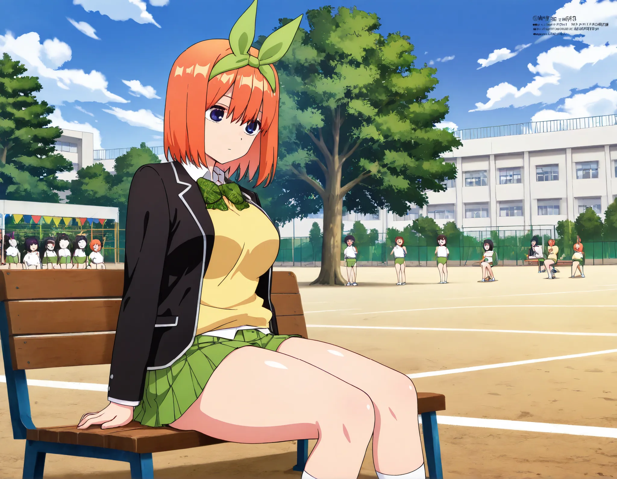 expressionless y0tsuba, large breasts, orange hair, blue eyes, short hair, hair between eyes, green bow hairband, black blazer, open blazer, yellow sweater vest, white collared shirt, bowtie, plaid bowtie, green skirt, pleated skirt,thick thighs,sitting in...