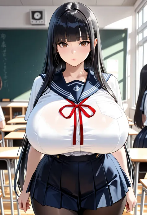 (masterpiece, Hi-Res, very high resolution, 8k, super detailed, top quality), Japanese Women, 1 high school girl, beautiful character design, tall from the school building, Clean face, (black hair, very long hair, straight hair, blunt bangs), beautifully d...
