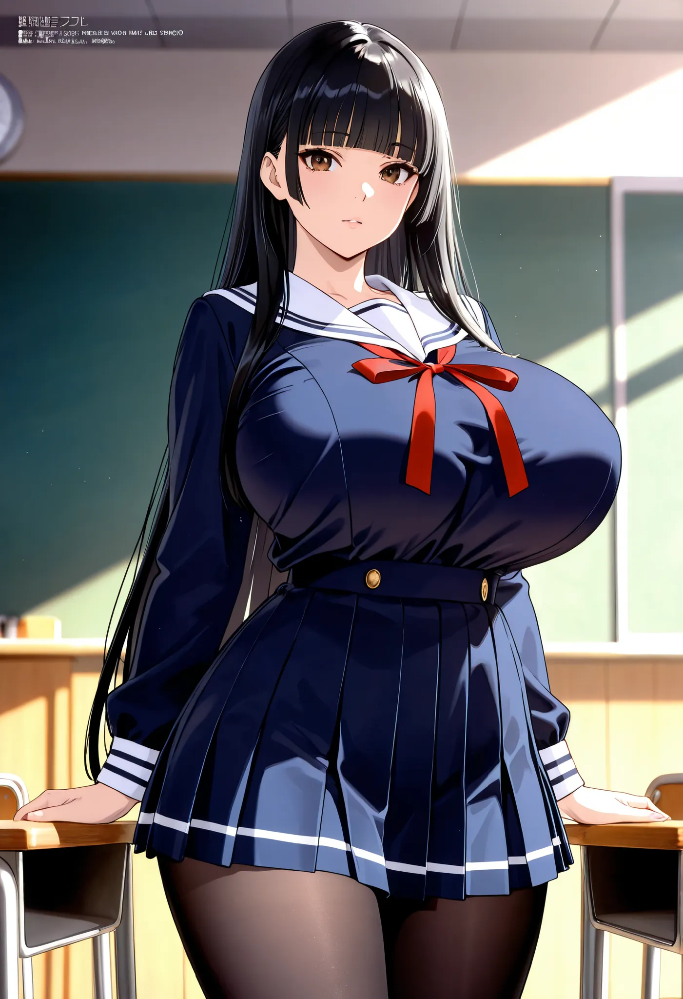 (masterpiece, Hi-Res, very high resolution, 8k, super detailed, top quality, megami magazine), Japanese Women, 1 high school girl, beautiful character design, tall from the school building, Clean face, (black hair, very long hair, straight hair, blunt bang...