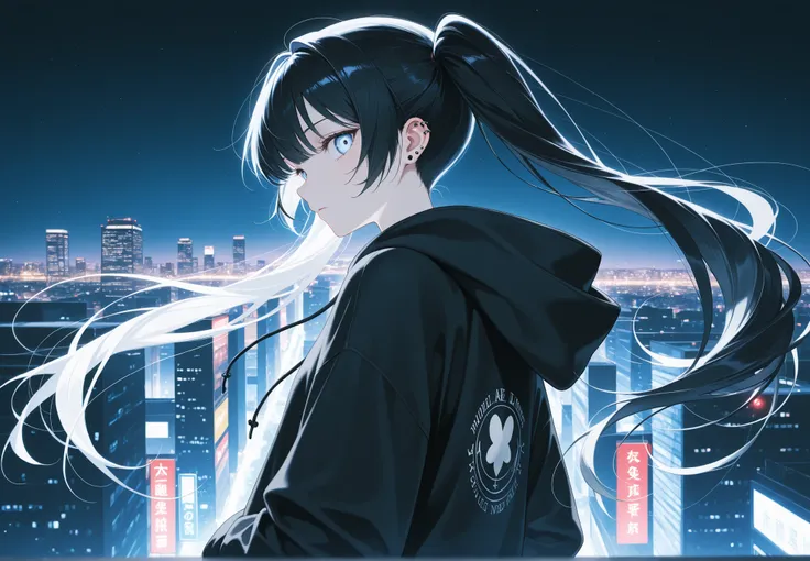 A cool and mysterious anime-style beautiful girl、long black hair gathered in tall twin tails、Looking back on her profile、, the eyes are black and shiny, and、with a serious expression、Multiple piercings in the ears、black hoodie and military style attire、the...