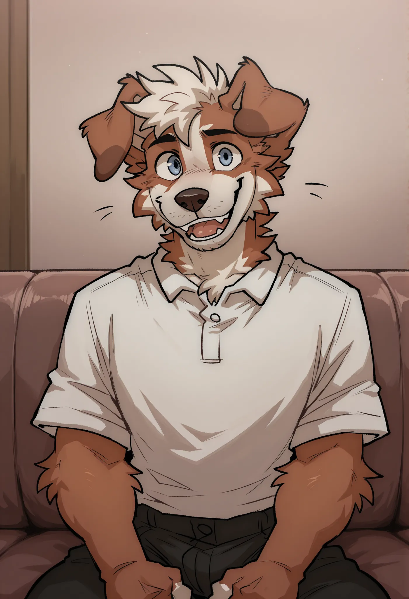best quality, amazing quality, very aesthetic, absurdres, newest, by maggotnizer, michi_(oc), BREAK
furry, 1boy, solo, furry male, bara, male focus, furry, animal ears, floppy ears, dog boy, looking at viewer, happy, smile, fangs,  wearing white collared p...