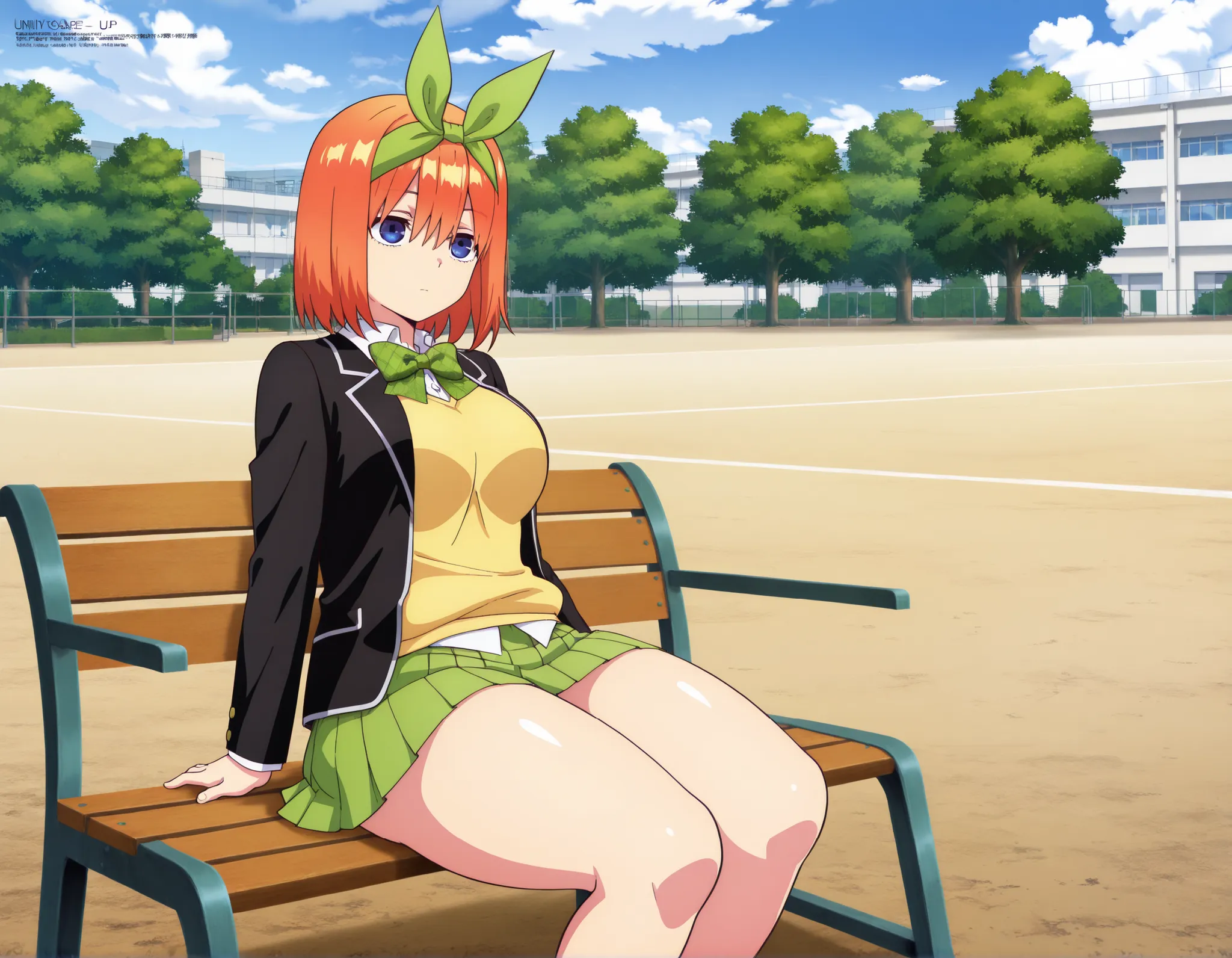 expressionless y0tsuba, large breasts, orange hair, blue eyes, short hair, hair between eyes, green bow hairband, black blazer, open blazer, yellow sweater vest, white collared shirt, bowtie, plaid bowtie, green skirt, pleated skirt,thick thighs,sitting in...