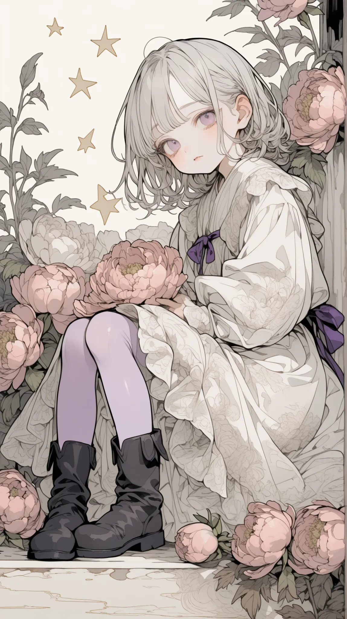 大きなPeonyを持って、Peony、half up、summary silver hair and purple eyes、angel, wing、detailed face、well-balanced body、thin, long legged kindergarten child,Golden Stars on Background,burnt feathers and ash、little boy who is cm tall、Antique Style Dress、light purple ti...