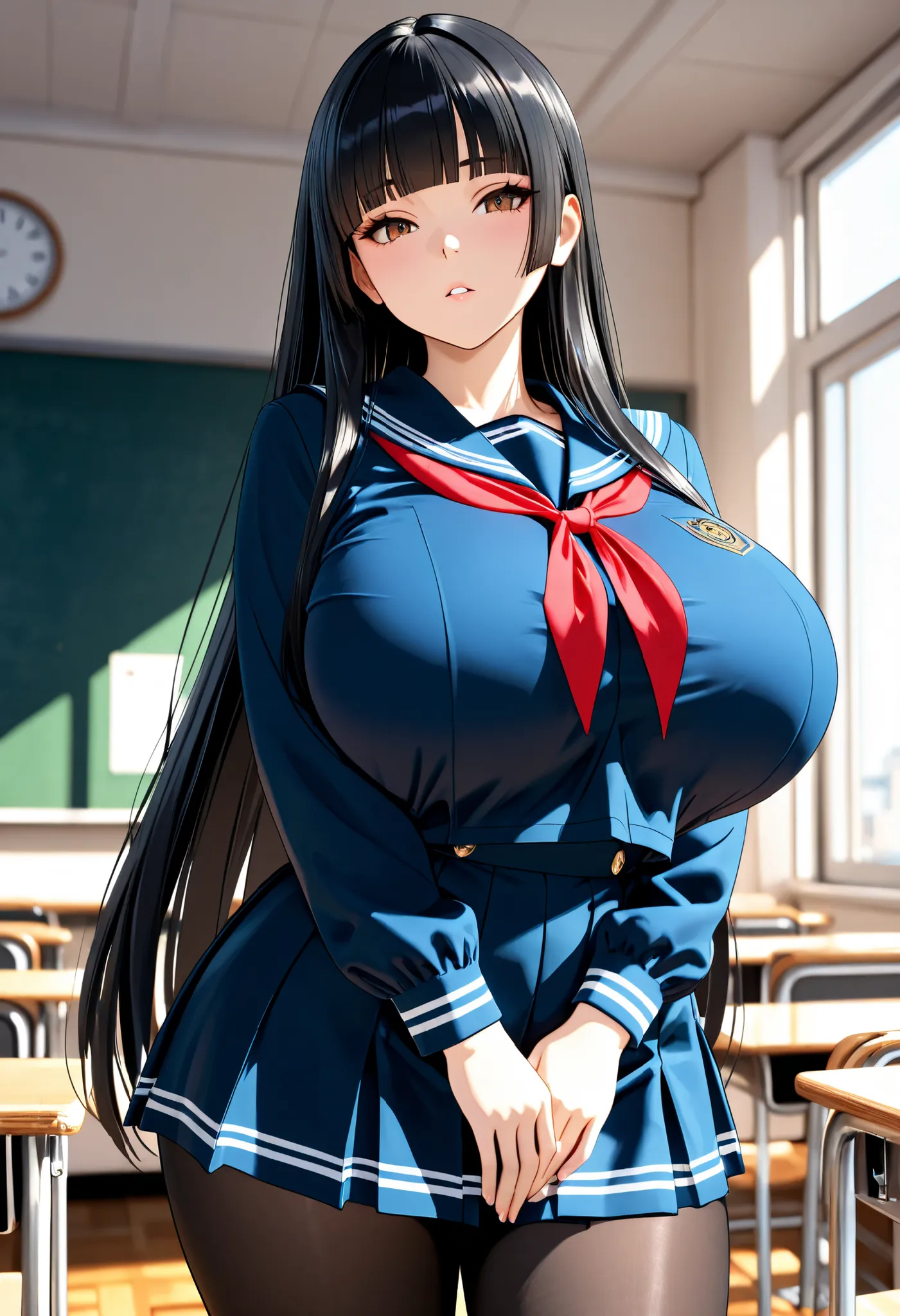 masterpiece, Hi-Res, very high resolution, 8k, super detailed, top quality, anime style, [3d], Japanese Women, 1 high school girl, beautiful character design, tall from the school building, Clean face, (black hair, very long hair, straight hair, blunt bang...