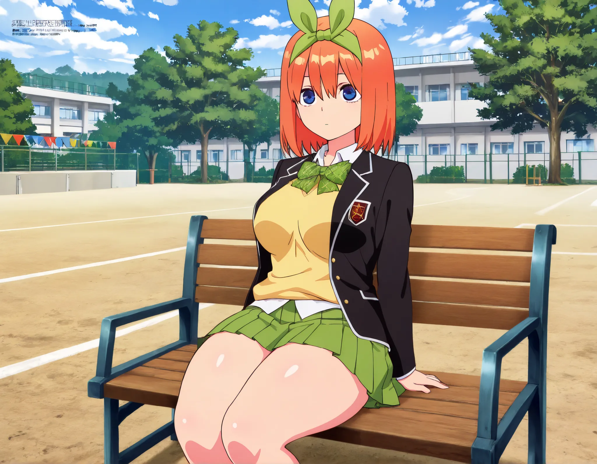 masterpiece,best quality,amazing quality,expressionless y0tsuba, large breasts, orange hair, blue eyes, short hair, hair between eyes, green bow hairband, black blazer, open blazer, yellow sweater vest, white collared shirt, bowtie, plaid bowtie, green ski...