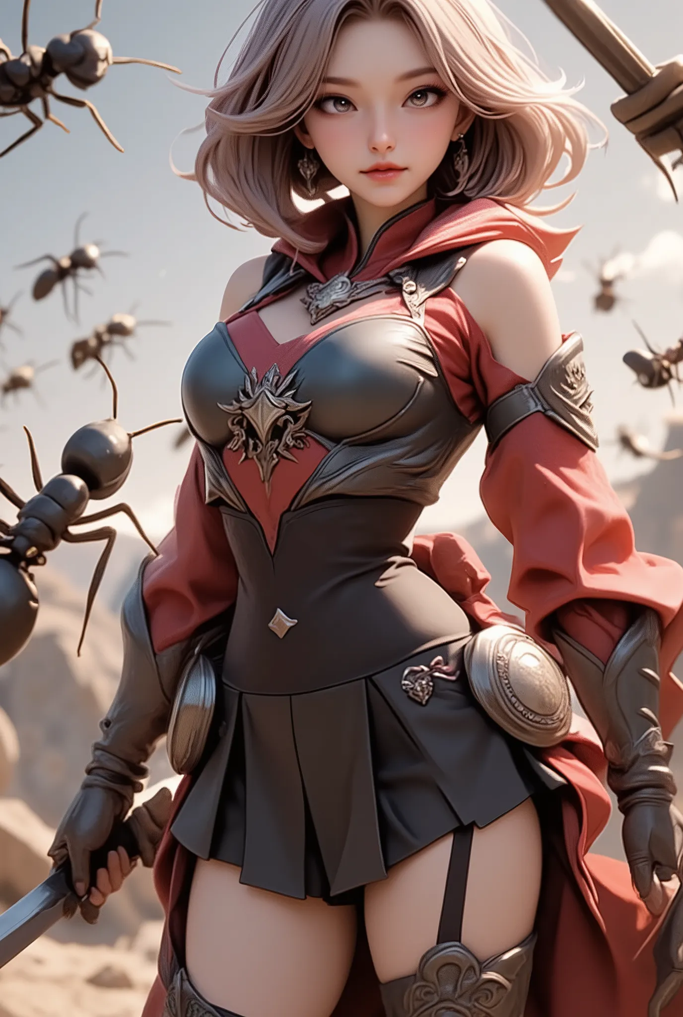 masterpiece, best quality, ultra-detailed, anime style, heroic female warrior, standing bravely against a massive swarm of ants, epic battle scene, strong and determined expression, wind blowing through her hair, sword in hand, dramatic lighting, backlight...