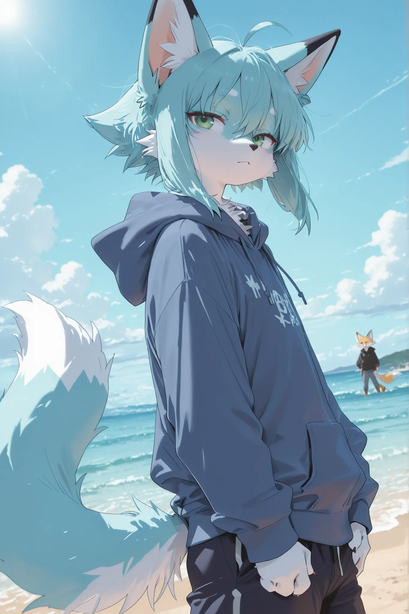(masterpiece, detailed:1.2),Kemono ,Furry ,fur blue and white, fox, ((male)) , spiky haircut , fluffy , green eyes, Hoodie blue, pants, Hair blue, sea