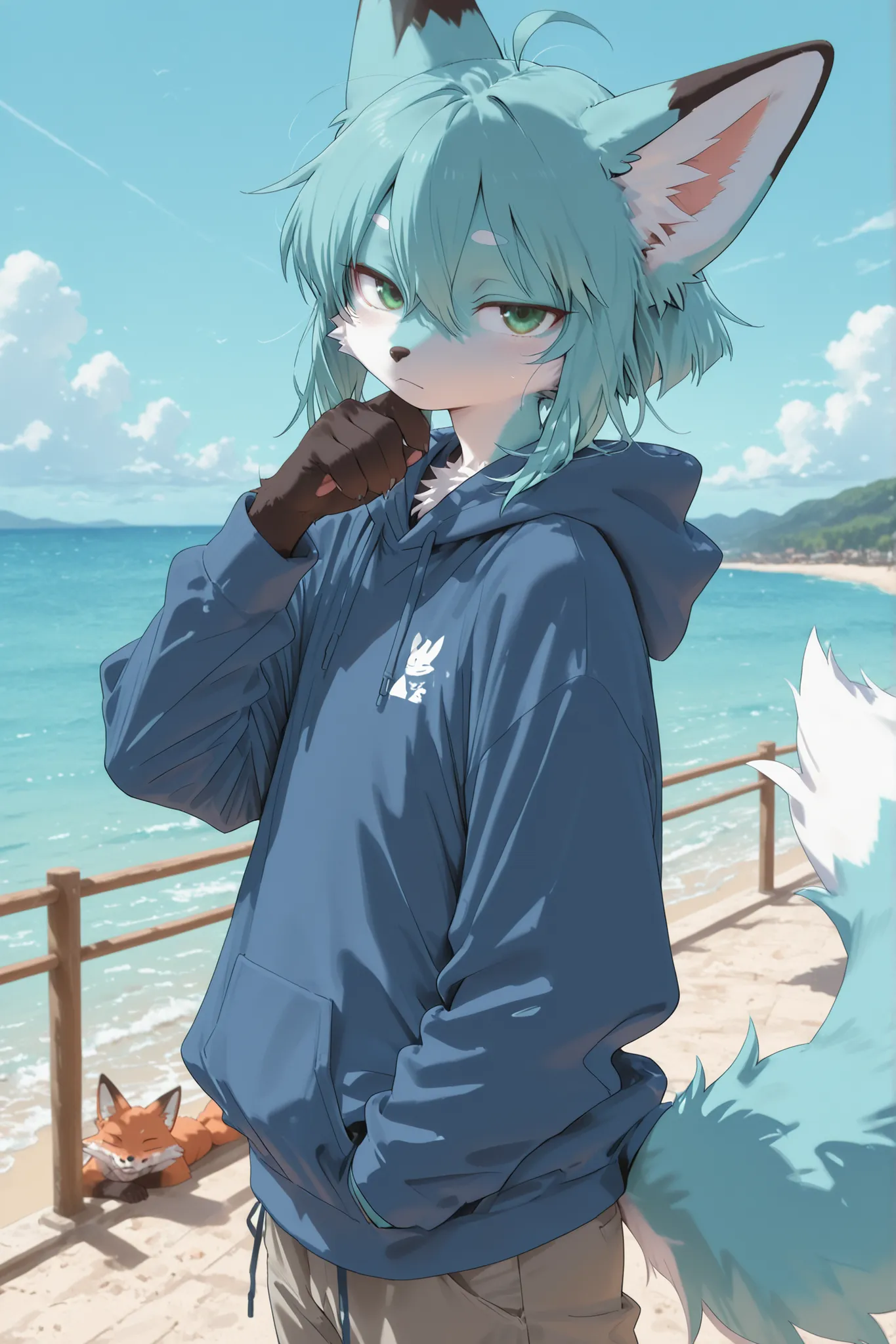 (masterpiece, detailed:1.2),Kemono ,Furry , fox, ((male)) , spiky haircut , fluffy , green eyes, Hoodie blue, pants, Hair blue, sea