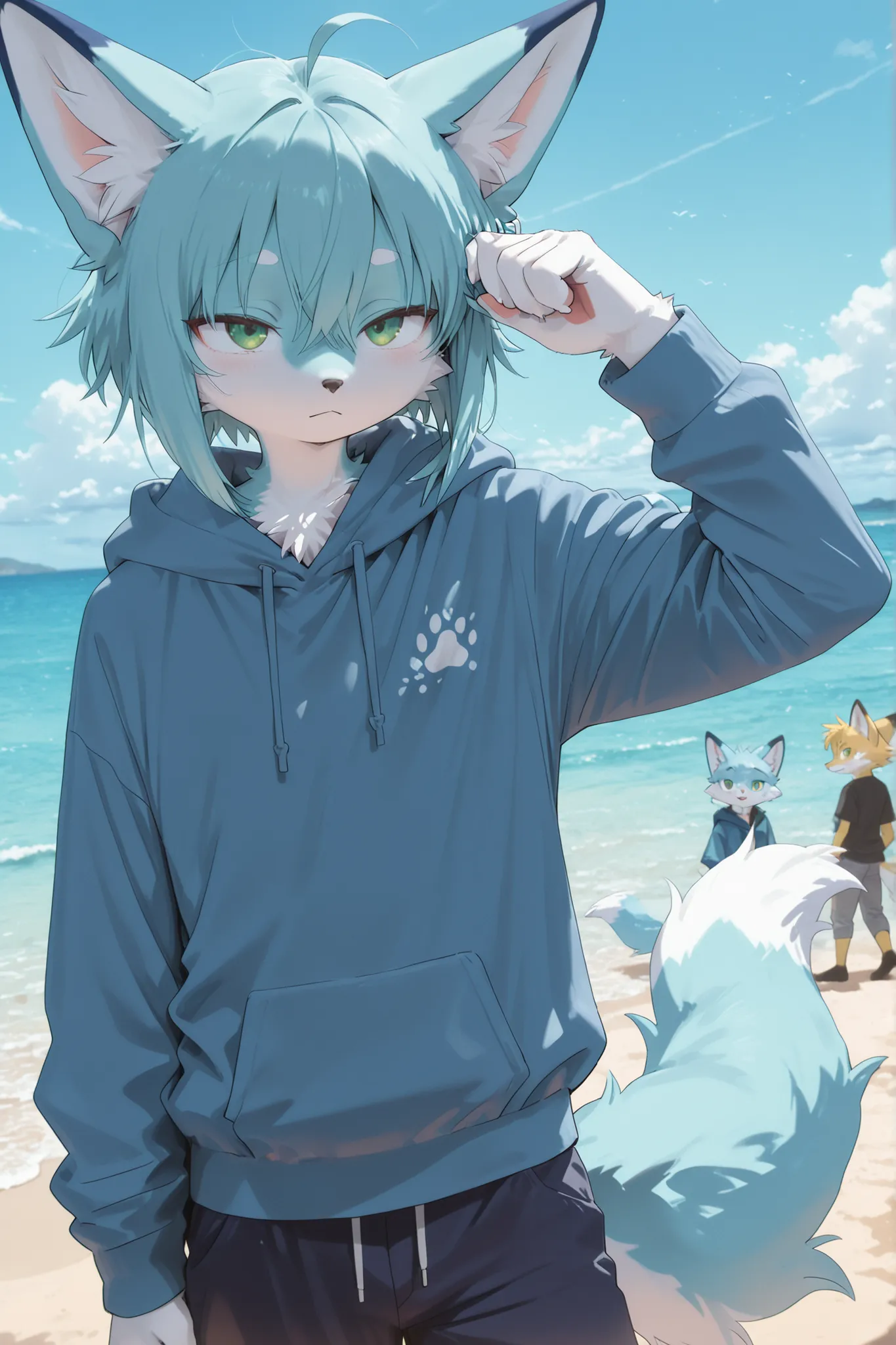 (masterpiece, detailed:1.2),Kemono ,Furry ,fur blue and white, fox, ((male)) , spiky haircut , fluffy , green eyes, Hoodie blue, pants, Hair blue, sea