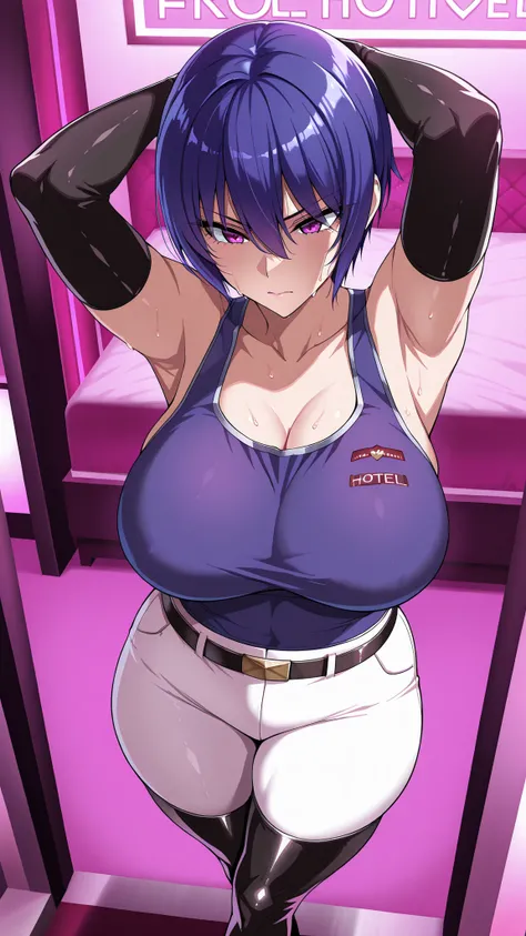 1 person,pink hotel,Akiyama Rinko(short hair),Boyish Female,white pants,belt,black thigh high boots,black rubber thigh high long gloves,navy blue tank top,serious face,sweat,Standing,thick thighs,long legs,legs crossed,hands are behind the head,from above