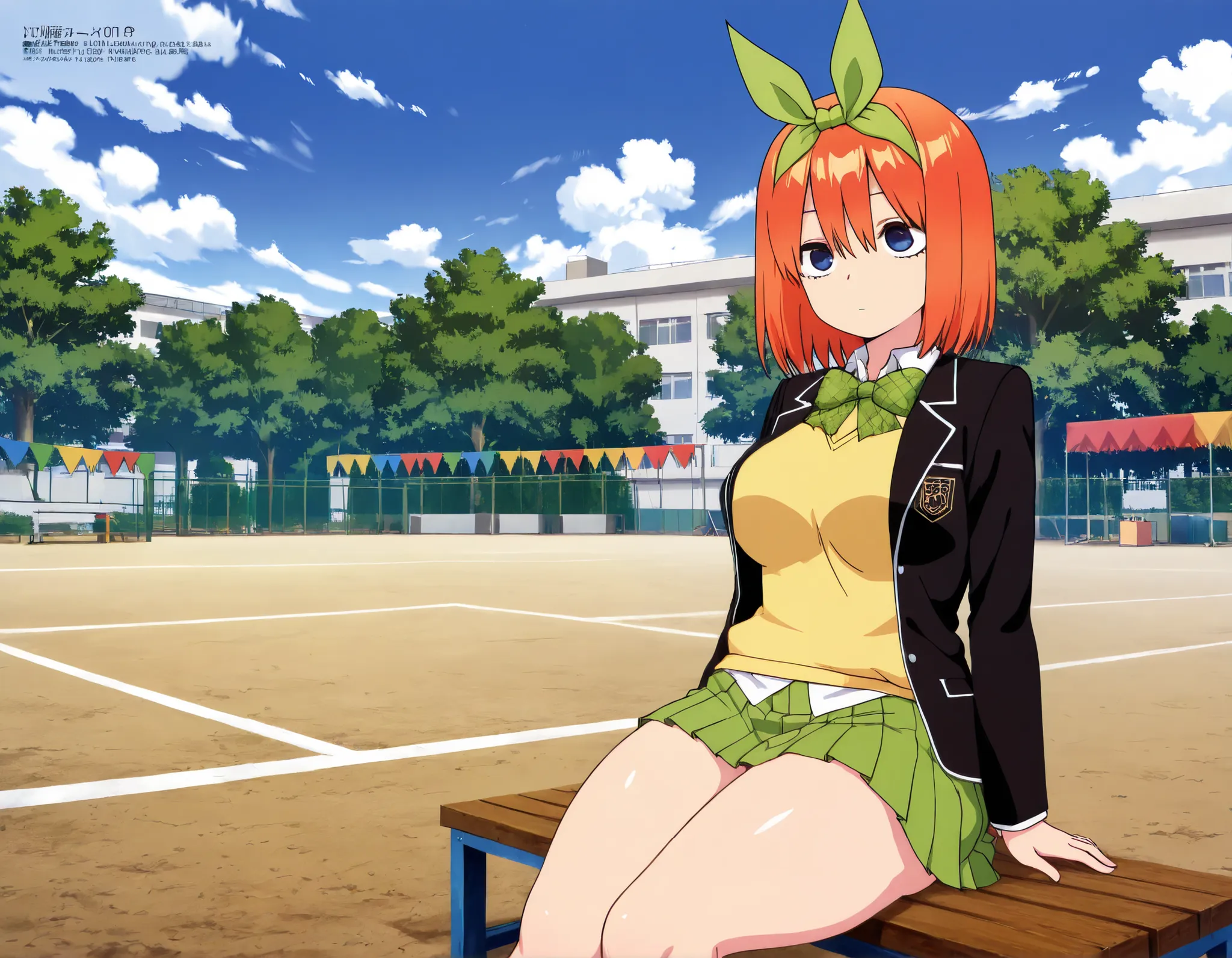 masterpiece,best quality,amazing quality,unwellness expressionless y0tsuba, large breasts, orange hair, blue eyes, short hair, hair between eyes, green bow hairband, black blazer, open blazer, yellow sweater vest, white collared shirt, bowtie, plaid bowtie...