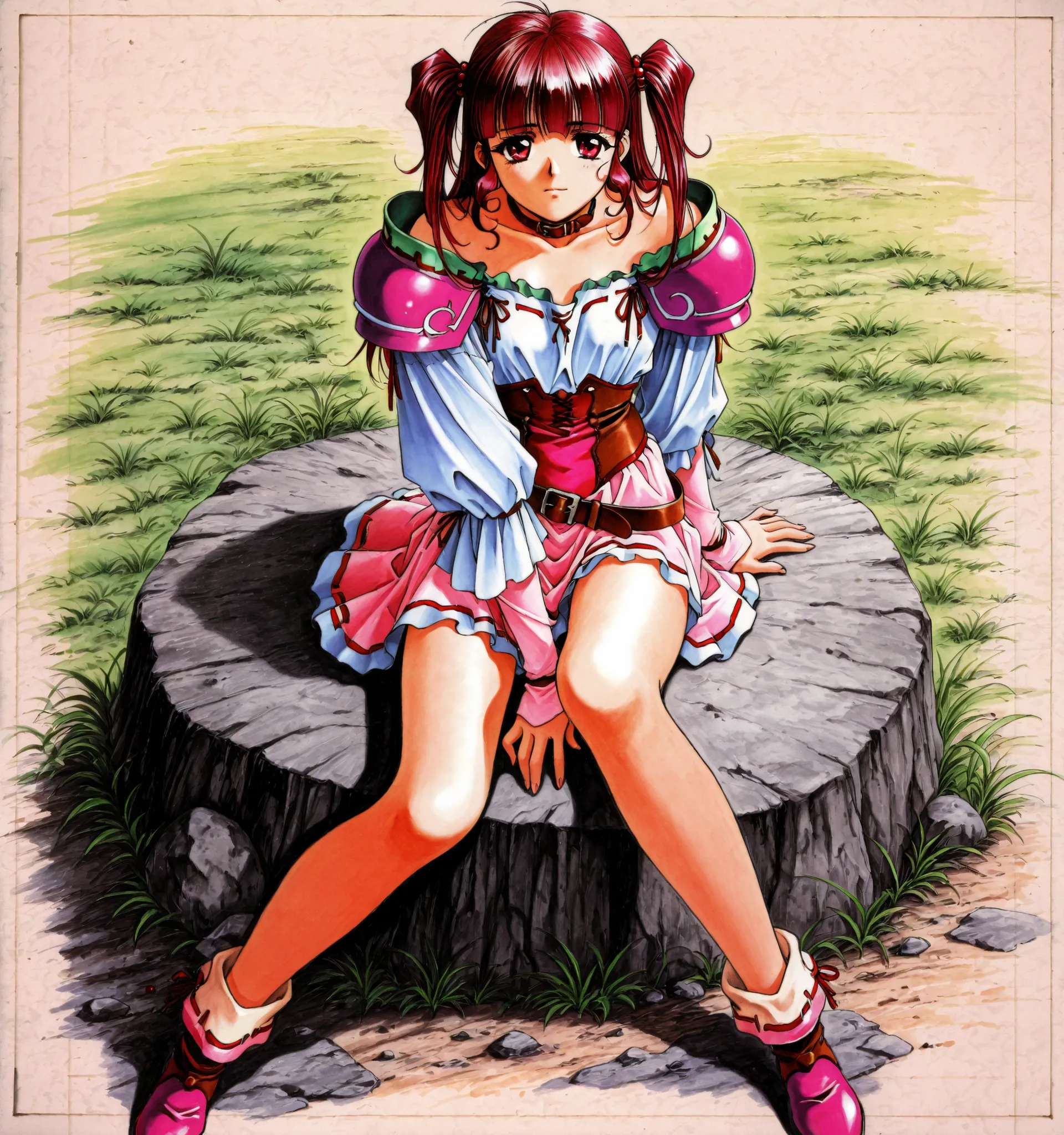 Persia,ペルシャ ,Big face, Fair skin, a young girl ,14 Years Old, solo, Droopy eyes, flat chest, Narrow shoulders ,beautiful girl, delicate, Bright Red heir, Thin thighs,Thin legs, Inner thighs, dark brown collar, Unbalance Two Side Up hairstyle, ツーサイドアップヘアー, ...