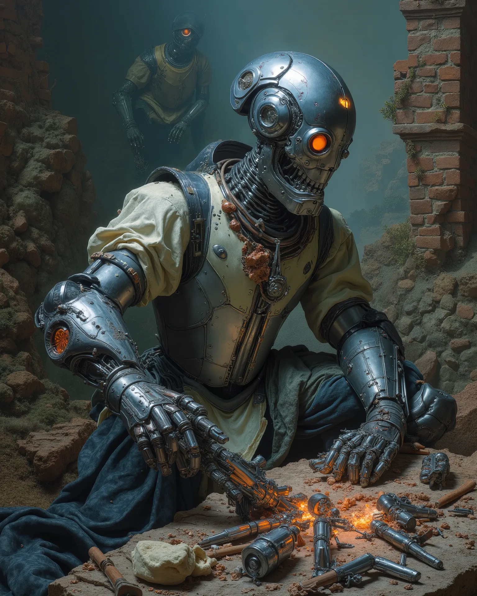  an impressive robot is armed with brilliant futuristic mechanical tools, pieces and mechanical leftovers scattered, listo to repair un enorme androide. Imposing and sinister machines of the year loom around her 3000, to repair, huge spider-shaped drones w...