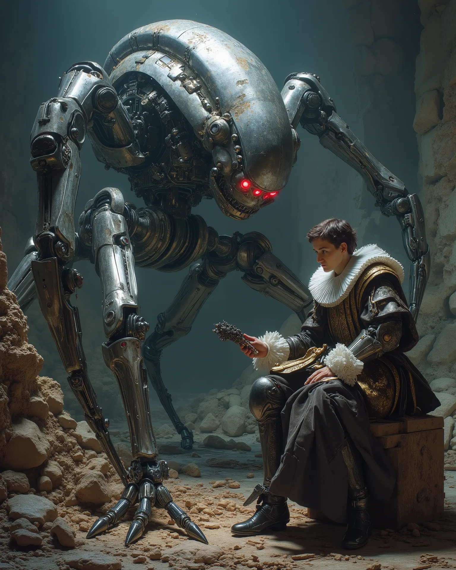  an impressive robot is armed with brilliant futuristic mechanical tools, pieces and mechanical leftovers scattered, listo to repair un enorme androide. Imposing and sinister machines of the year loom around her 3000, to repair, huge spider-shaped drones w...