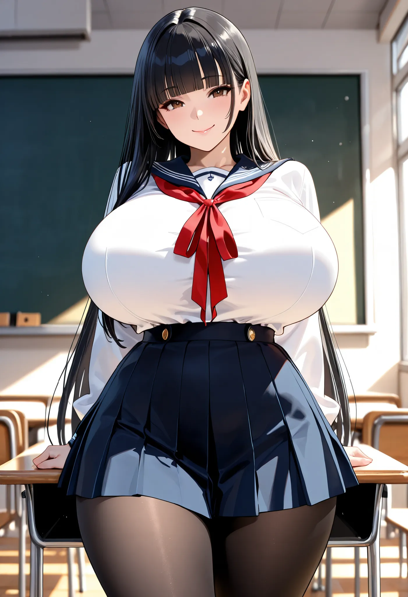 (masterpiece, Hi-Res, very high resolution, 8k, super detailed, top quality), Japanese Women, 1 high school girl, beautiful character design, tall from the school building, Clean face, (black hair, very long hair, straight hair, blunt bangs), beautifully d...