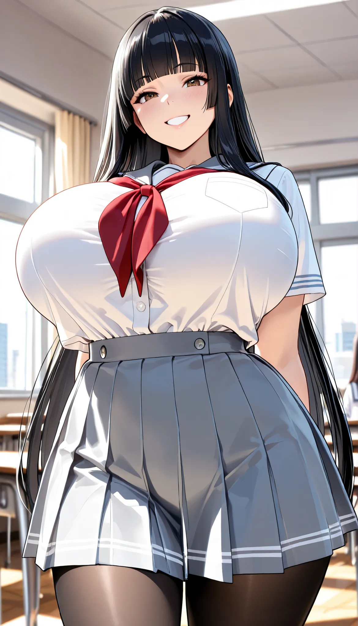 (masterpiece, Hi-Res, very high resolution, 8k, super detailed, top quality), Japanese Women, 1 high school girl, beautiful character design, tall from the school building, Clean face, (black hair, very long hair, straight hair, blunt bangs), beautifully d...