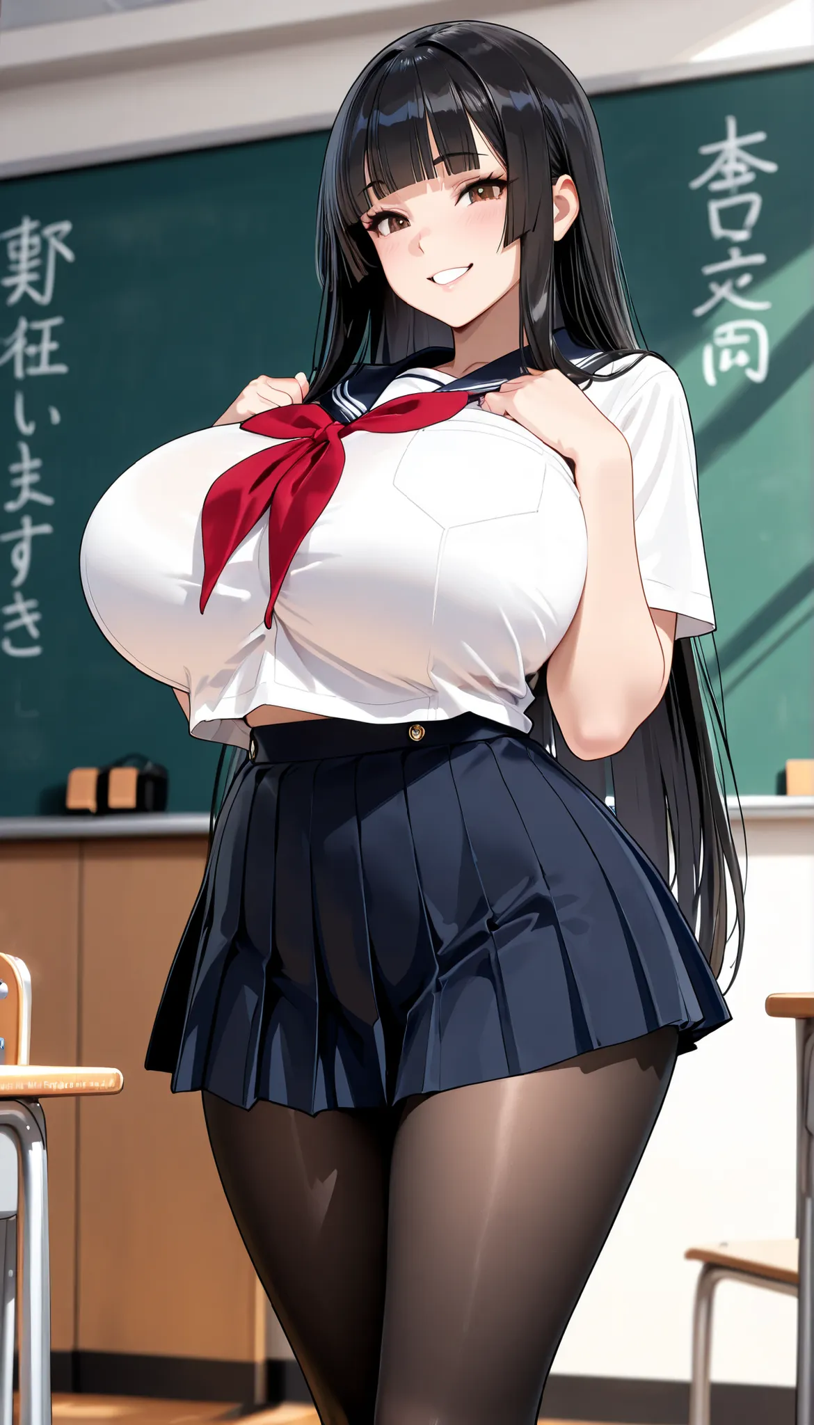 (masterpiece, Hi-Res, very high resolution, 8k, super detailed, top quality), Japanese Women, 1 high school girl, beautiful character design, tall from the school building, Clean face, (black hair, very long hair, straight hair, blunt bangs), beautifully d...