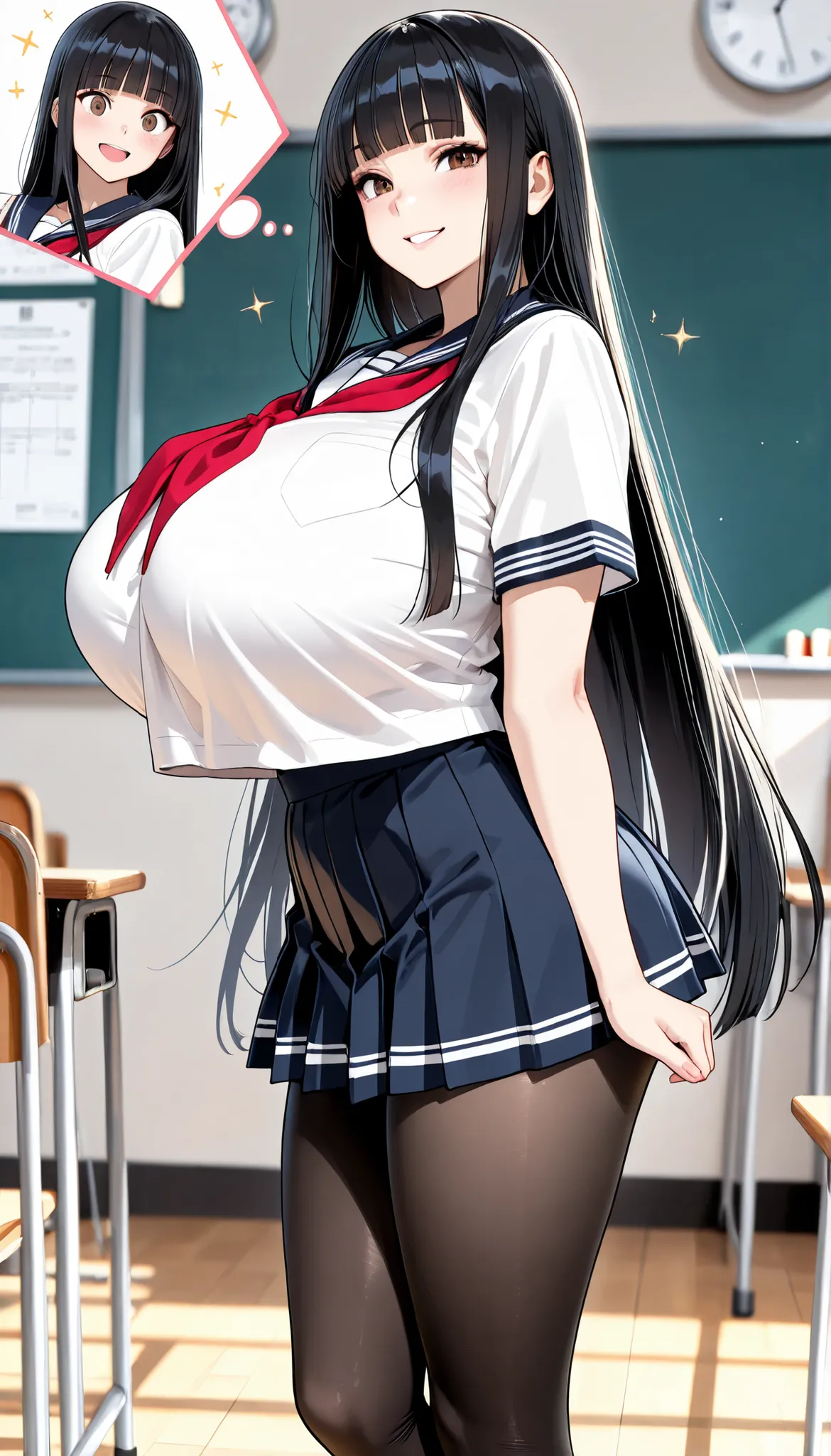 (masterpiece, Hi-Res, very high resolution, 8k, super detailed, top quality), Japanese Women, 1 high school girl, beautiful character design, tall from the school building, Clean face, (black hair, very long hair, straight hair, blunt bangs), beautifully d...