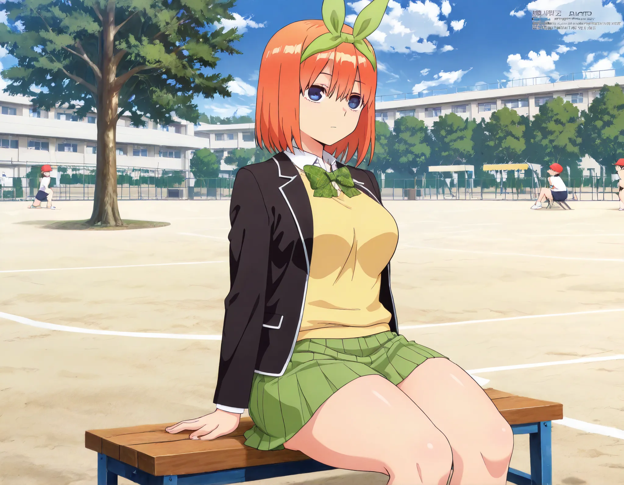 masterpiece,best quality,amazing quality,unwellness expressionless y0tsuba, large breasts, orange hair, blue eyes, short hair, hair between eyes, green bow hairband, black blazer, open blazer, yellow sweater vest, white collared shirt, bowtie, plaid bowtie...