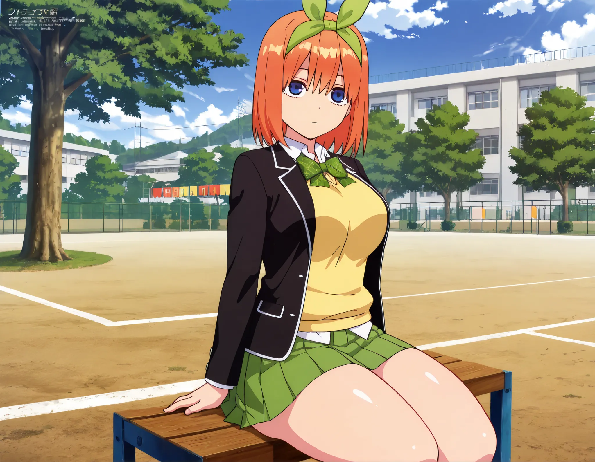 masterpiece,best quality,amazing quality,unwellness expressionless y0tsuba, large breasts, orange hair, blue eyes, short hair, hair between eyes, green bow hairband, black blazer, open blazer, yellow sweater vest, white collared shirt, bowtie, plaid bowtie...