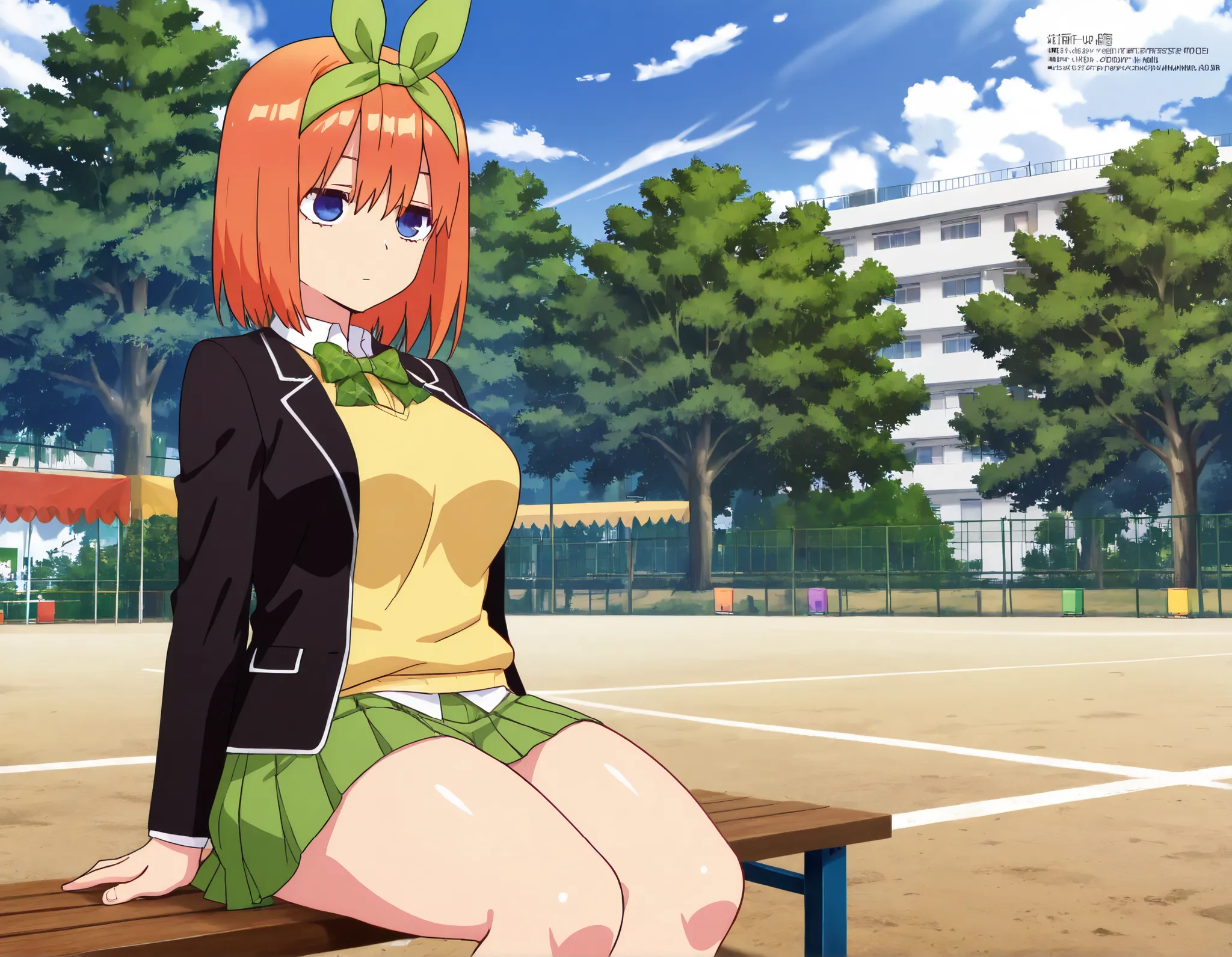 masterpiece,highest quality,amazing quality,unwellness expressionless y0tsuba, large breasts, orange hair, blue eyes, short hair, hair between eyes, green bow hairband, black blazer, open blazer, yellow sweater vest, white collared shirt, bowtie, plaid bow...