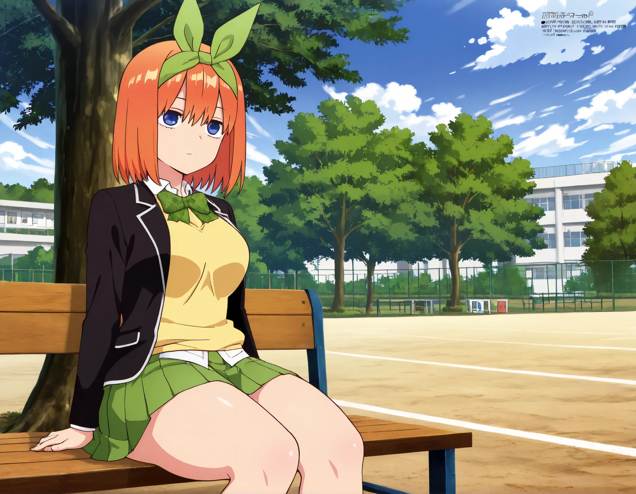 masterpiece,best quality,amazing quality,unwellness expressionless y0tsuba, large breasts, orange hair, blue eyes, short hair, hair between eyes, green bow hairband, black blazer, open blazer, yellow sweater vest, white collared shirt, bowtie, plaid bowtie...