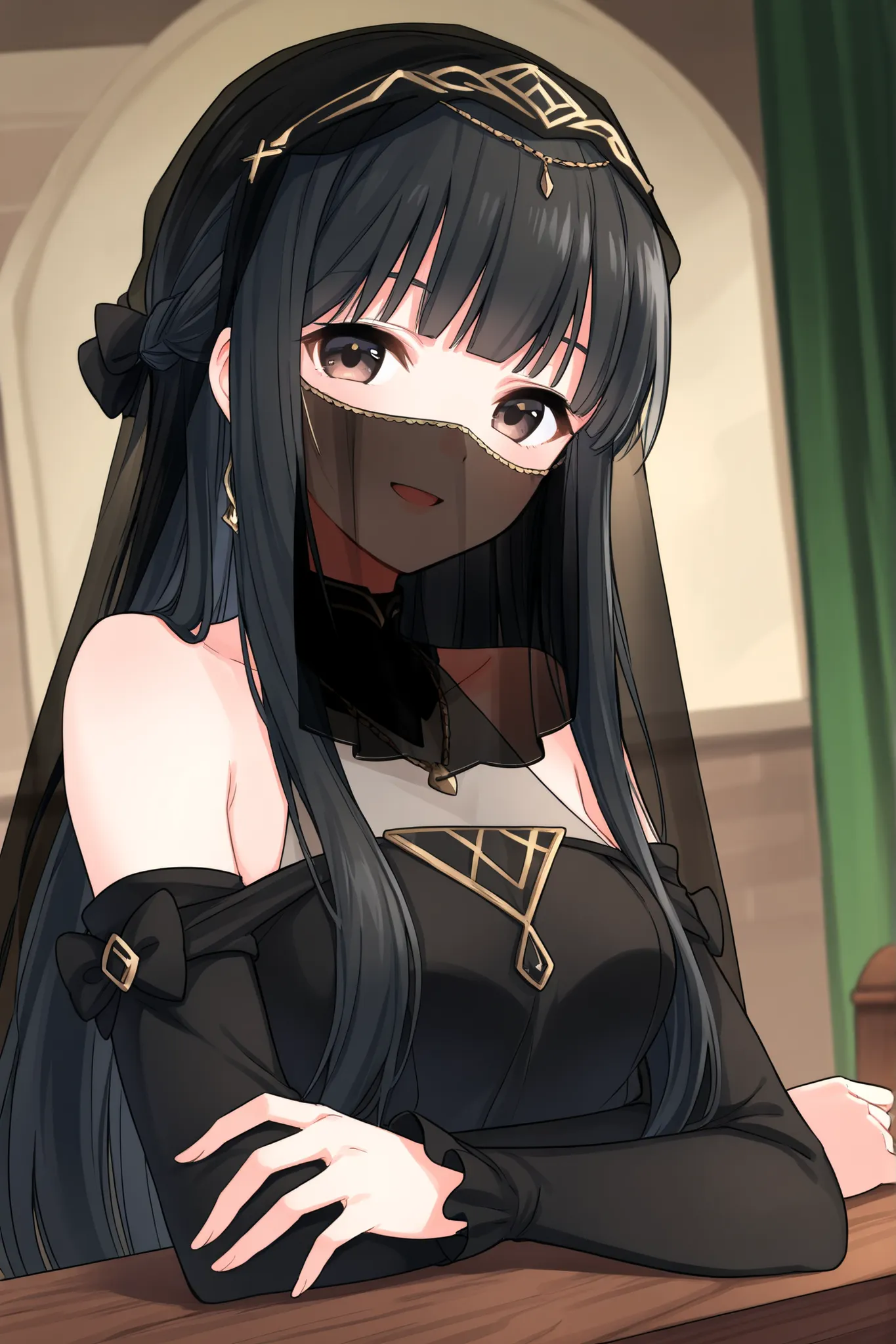 1500s Italian woman、hairstyle with a slight knot(Center Part,SHOULDER LENGTH BLACK HAIR),I'm looking at this、wear a black veil、Wear simple black clothes、place your left hand on the armrest、smiling、