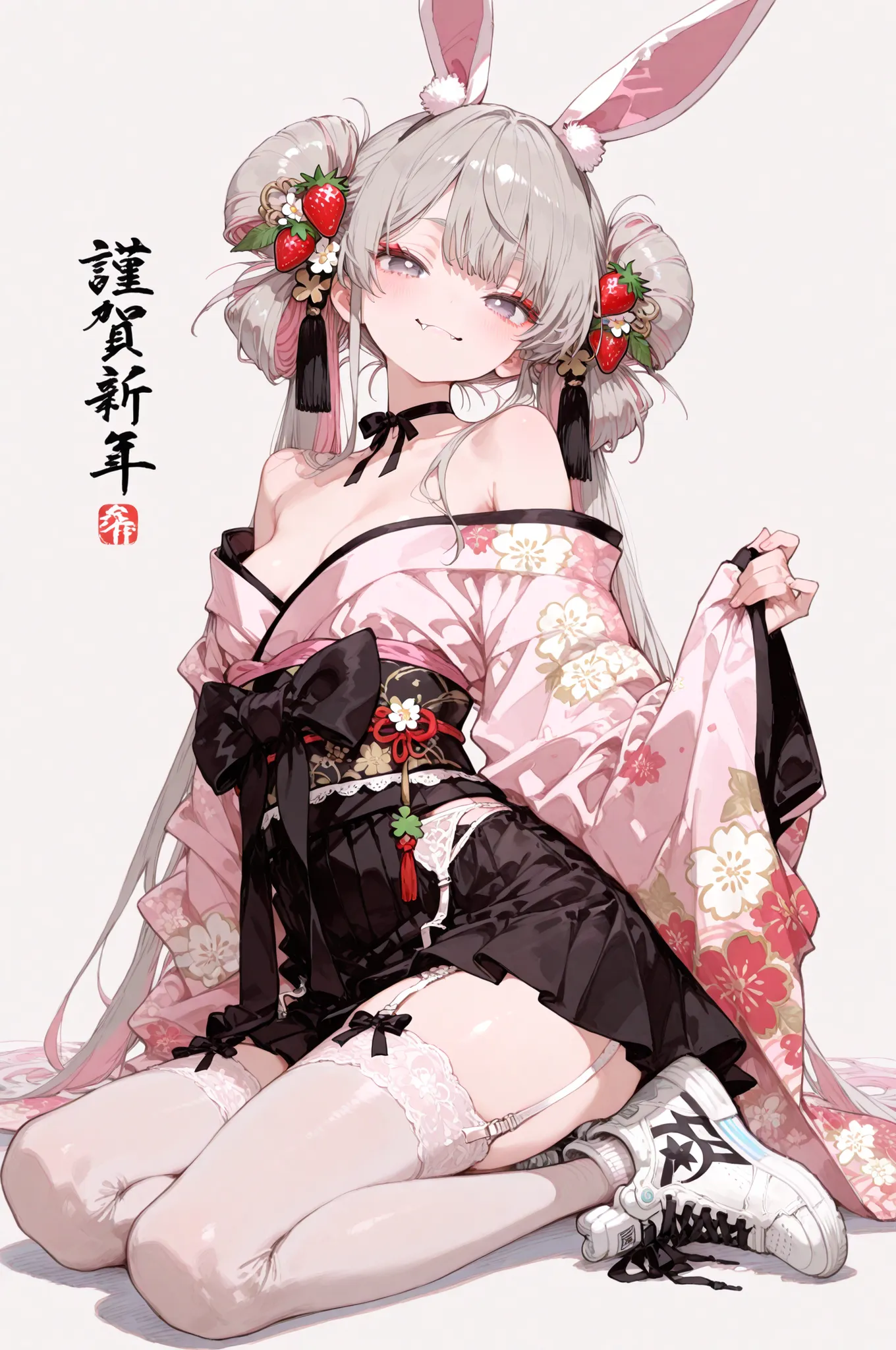 1girl、girls、fang、gray hair pink inner color、Droopy bunny ears、Super Long Hair、gray eyes、gray eyes、Lick your round and round pupils、Black Ribbon Choker、Mines-based、Thick Soled Sneakers、full body is shown、front face、garter belt、Strawberry Ornament 、thick bot...